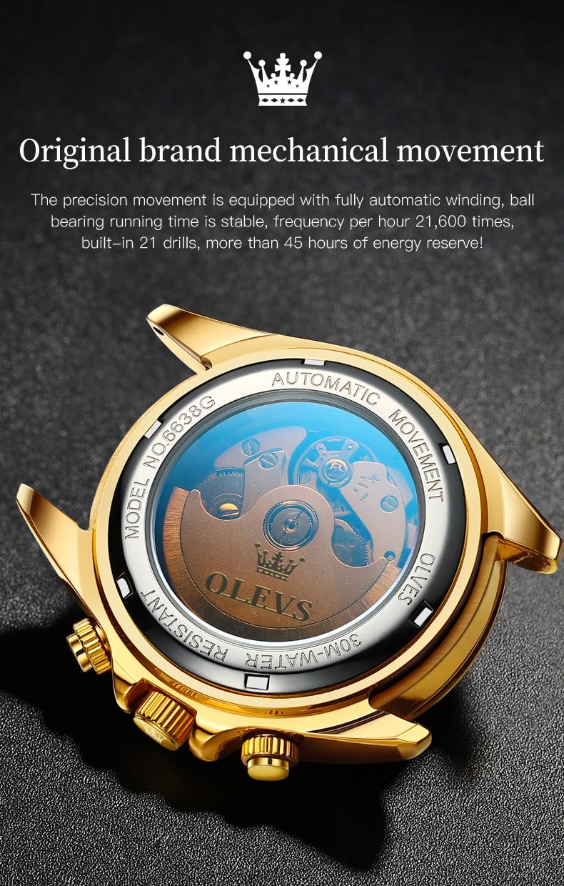 OLEVS Luxury Skeleton Automatic Watch for Men - Diamond Accent Mechanical Self-Winding Wristwatch with Luminous Hands & Waterproof Design - Perfect for Business, Formal Events & Nighttime Wear