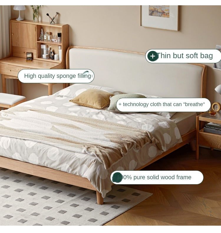Premium Solid Oak Wood Bed Frame with Genuine Leather Headboard & Tech Fabric Upholstery - Modern Bedroom Furniture for Master Suite, Guest Room, or Apartment