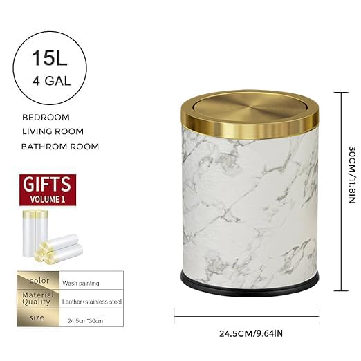 15L/4 Gallon Marble Trash Can with Lid - Gold Flip Top Bathroom Garbage Bin for Kitchen, Bedroom & Living Room - Elegant Waste Basket for Home, Office & Hotel Use