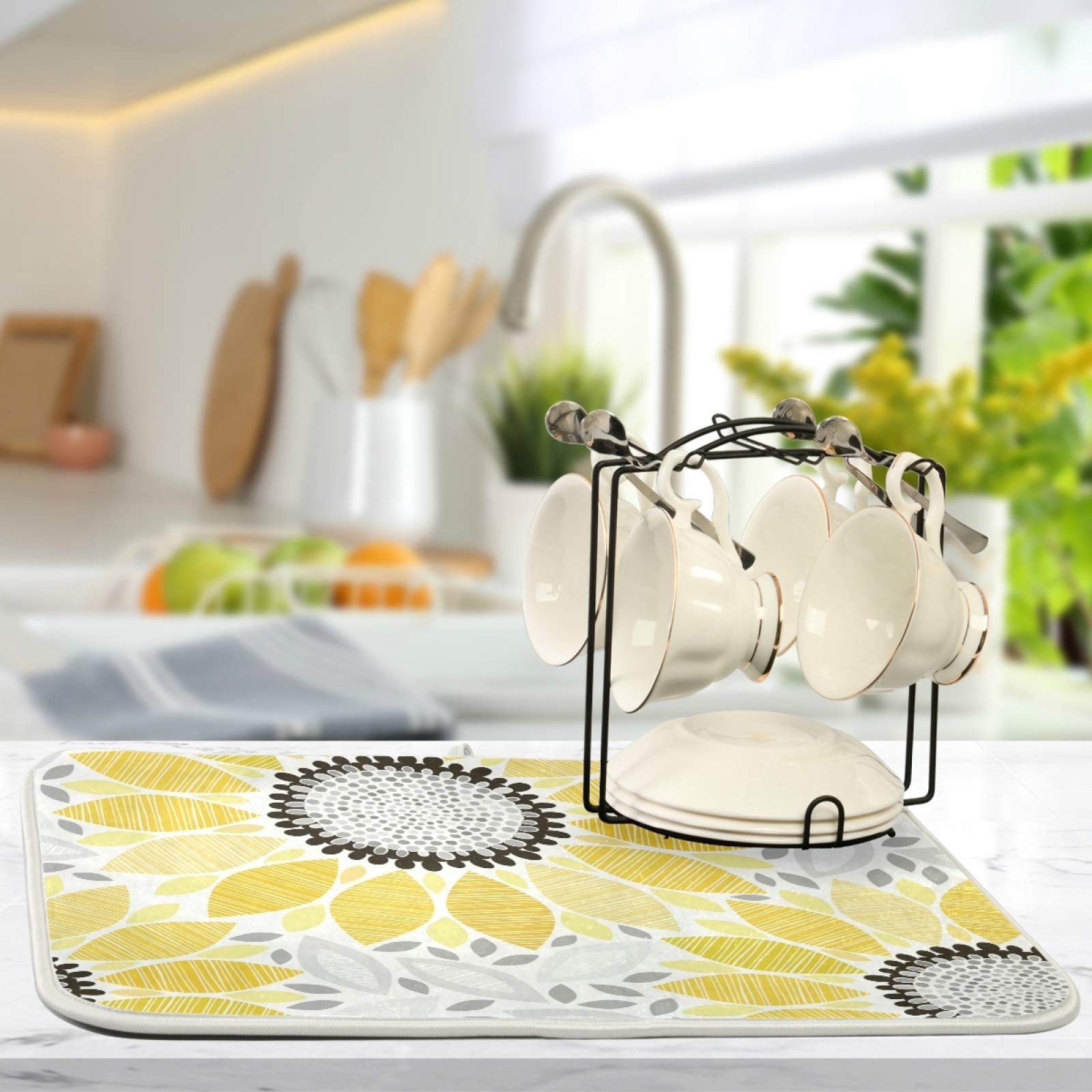 Sunflower Dish Drying Mat - Absorbent Microfiber Kitchen Counter Mat (16x18 Inch) for Dishes & Utensils