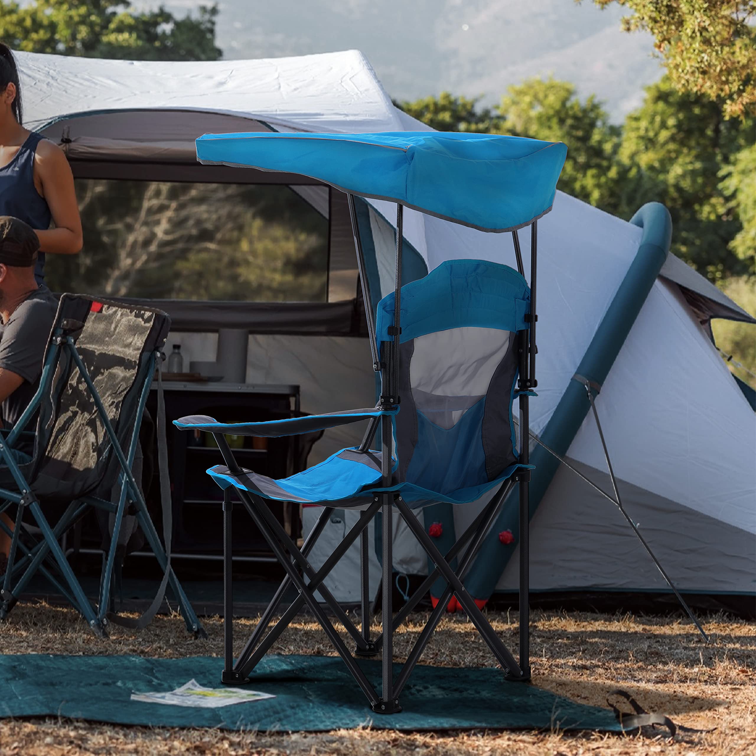 ALPHA CAMP Heavy Duty Folding Camping Chair with Shade Canopy - 300 LBS Capacity, Cup Holder & Carry Bag Included - Perfect for Outdoor Camping, Hiking, Beach Trips & Backyard BBQs - Royal Blue