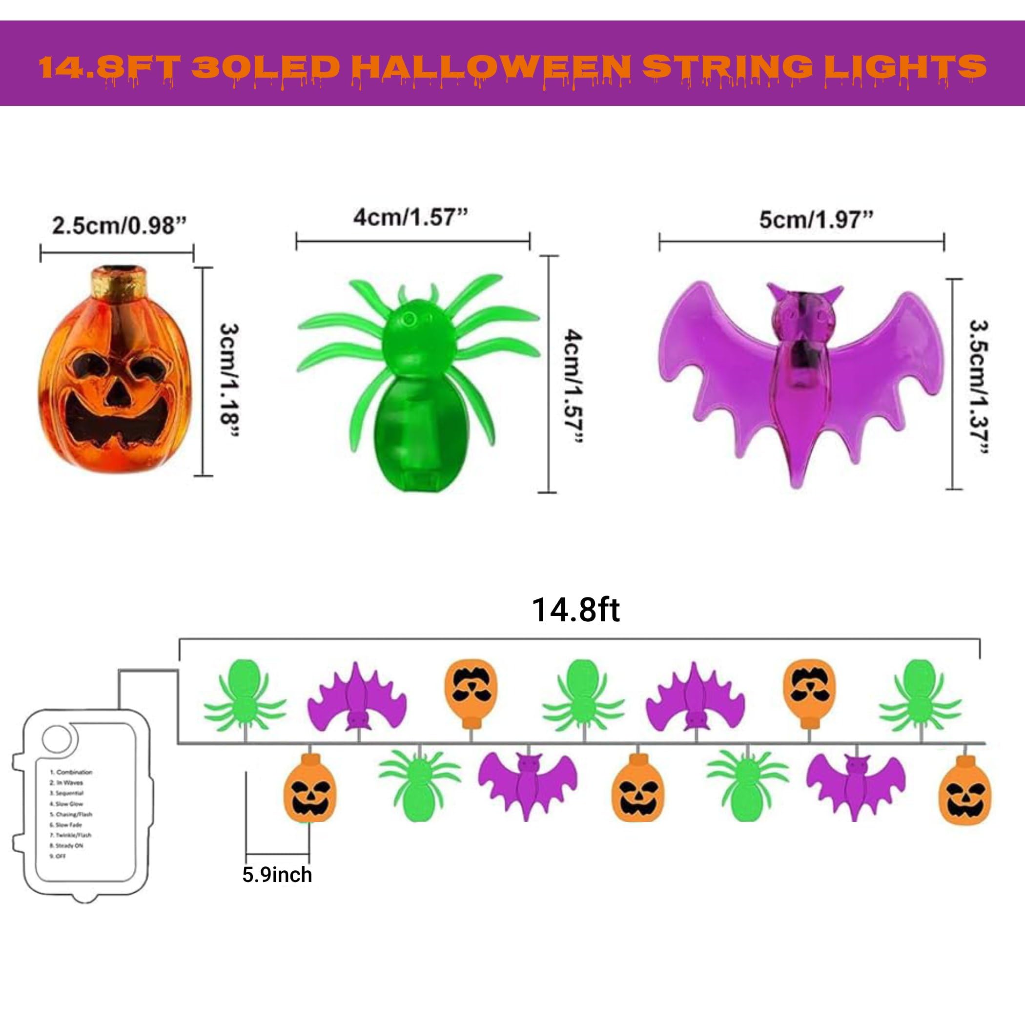 30 LED 3D Pumpkin Bat Spider Halloween String Lights - 14.76FT Battery Operated with Timer for Home, Window, Porch, Outdoor Party Decor - Perfect for Halloween Night, Spooky Yard Displays & Haunted House Decorations