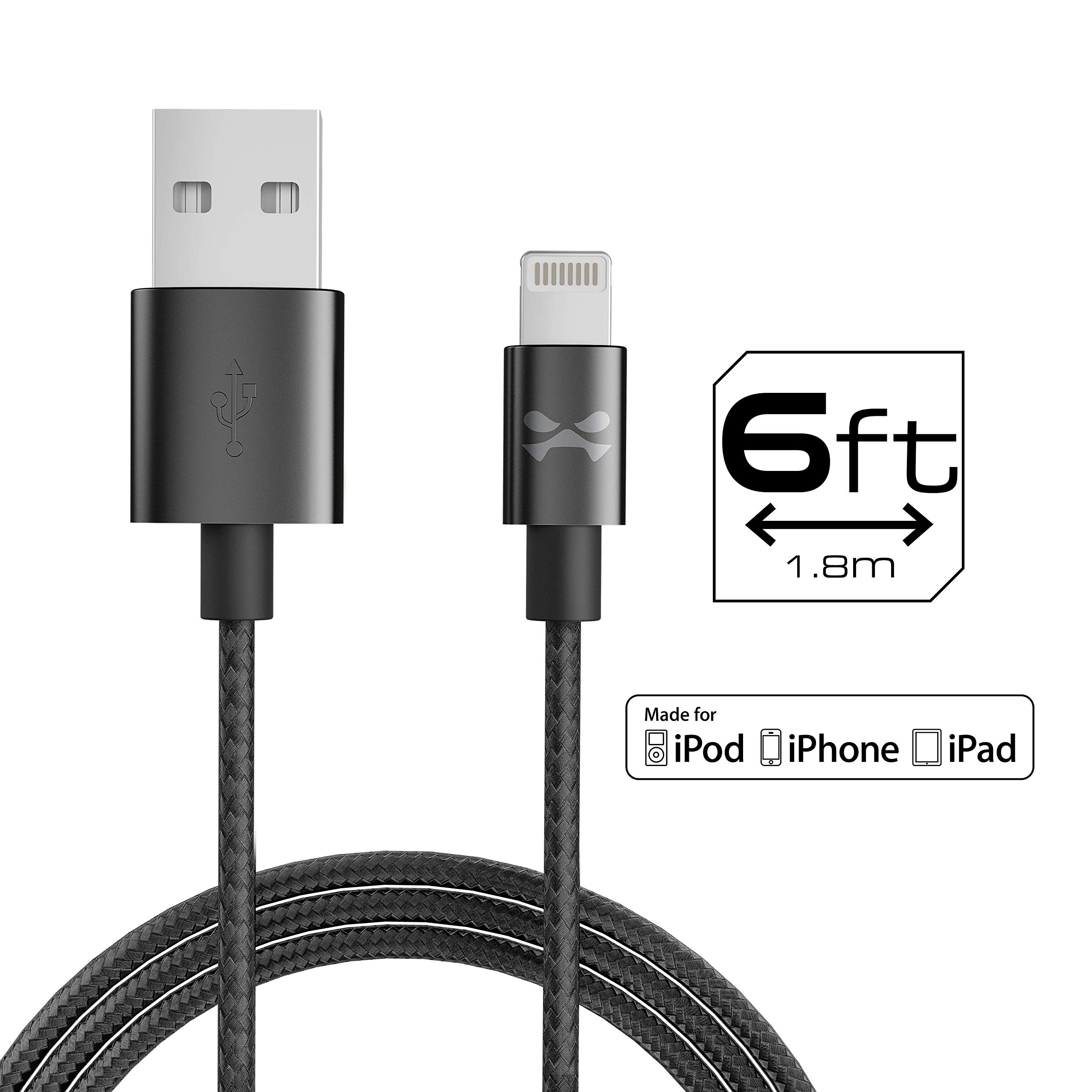 Ghostek NRGline 6FT Lightning Cable - MFI Certified Fast Charging Cable with Durable Nylon Braided Design for iPhone 14/13/12/11/X/8/7 - Perfect for Home, Office & Travel Charging (Black)