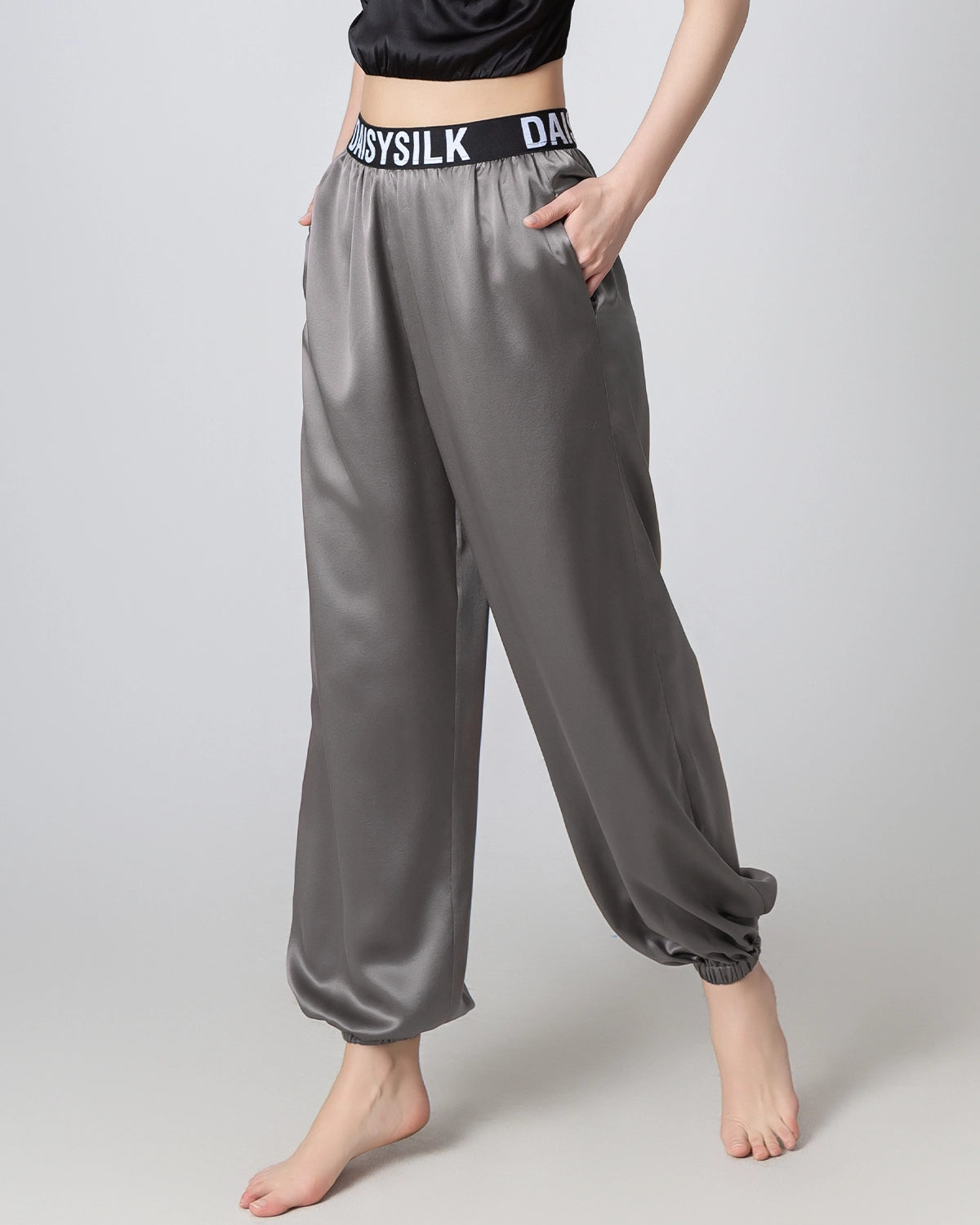 Women's Elastic Waist Loose Fit Silk Pants with Ankle Cuffs - Comfortable Lounge Pajama Pants for Home, Yoga & Travel