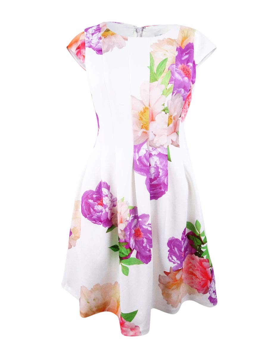 Calvin Klein Women's Plus Size Cap Sleeve Floral Fit & Flare Dress - Elegant Summer Casual & Wedding Guest Outfit