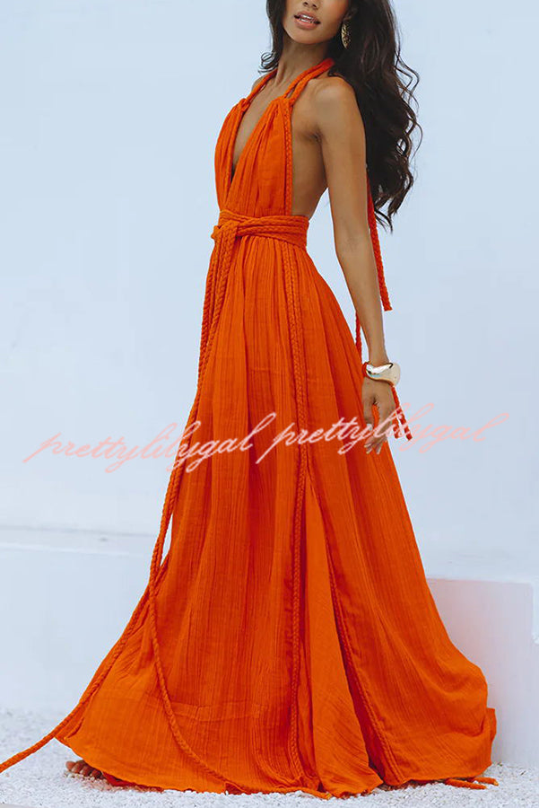 Summer Whispers Linen Blend Maxi Dress - Deep V Neck Halter Backless Cover Up with Draped Braids | Perfect for Beach Vacations, Pool Parties & Summer Weddings