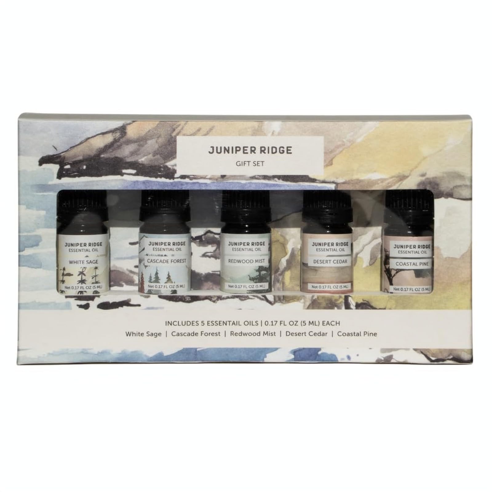 Juniper Ridge Essential Oil Gift Set - 5 Natural Aromatherapy Oils (5ml Each) for Diffusers, Massage & Relaxation - Lavender, Eucalyptus, Peppermint, Rosemary & Citrus Scents - Perfect for Home Spa, Yoga & Stress Relief