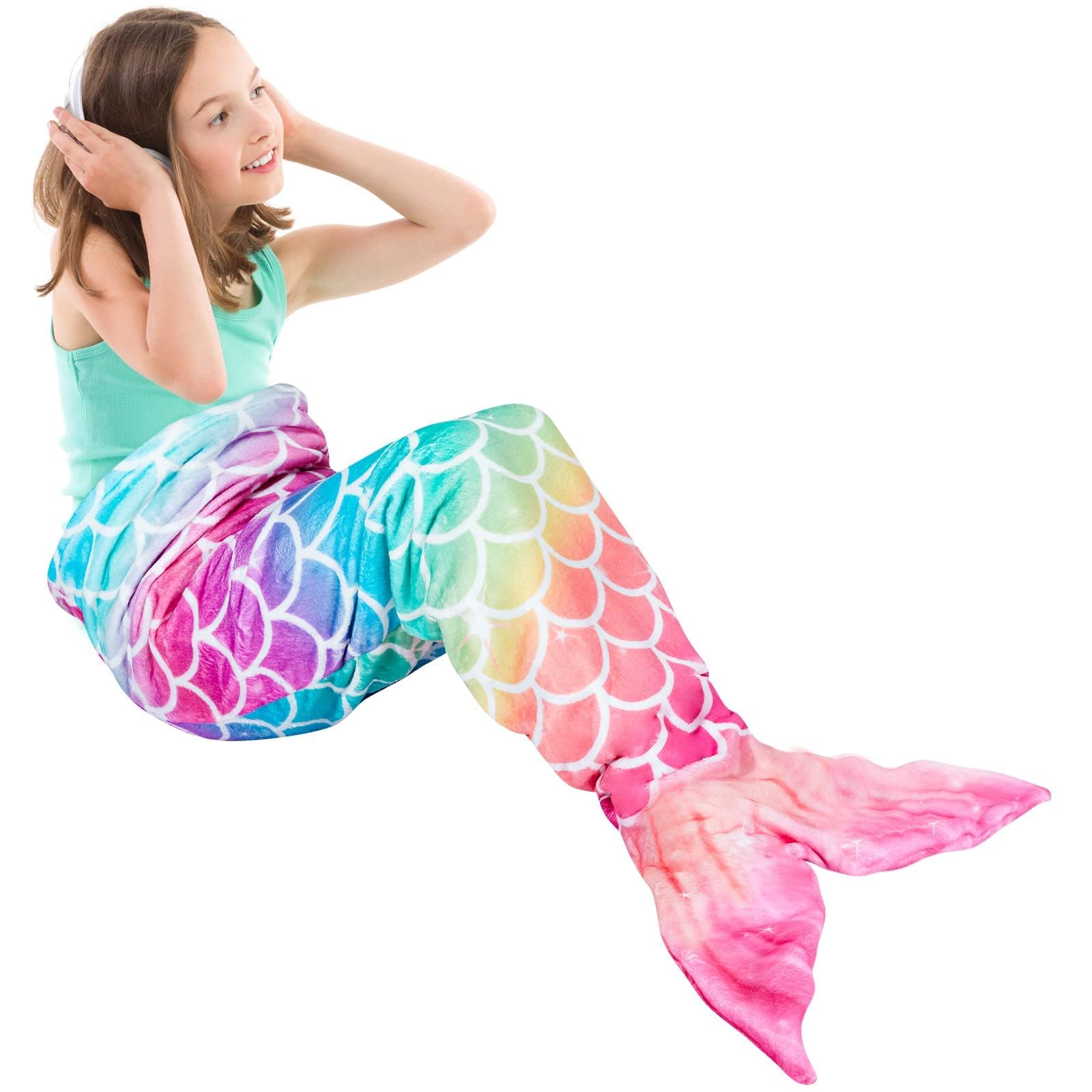 WERNNSAI Mermaid Tail Blanket for Girls & Teens - Soft Flannel Wearable Blanket, Cozy Sleeping Bag with Mermaid Scales, 55