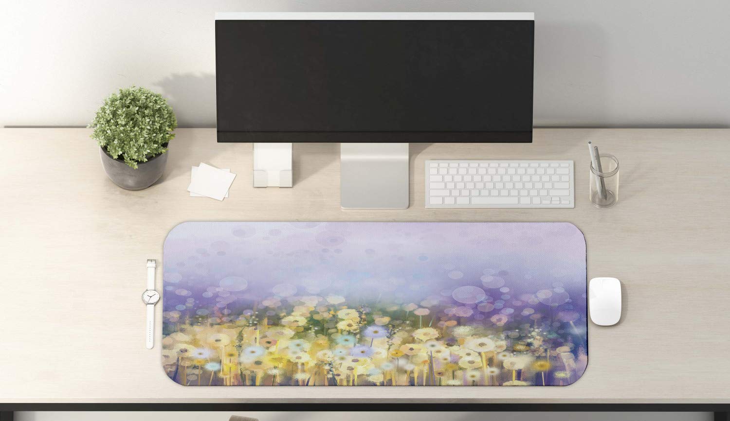 Ambesonne Flower Computer Mouse Pad - Chamomile and Dandelion Field Meadow Landscape Design, Non-Slip Rubber Base, Large 31