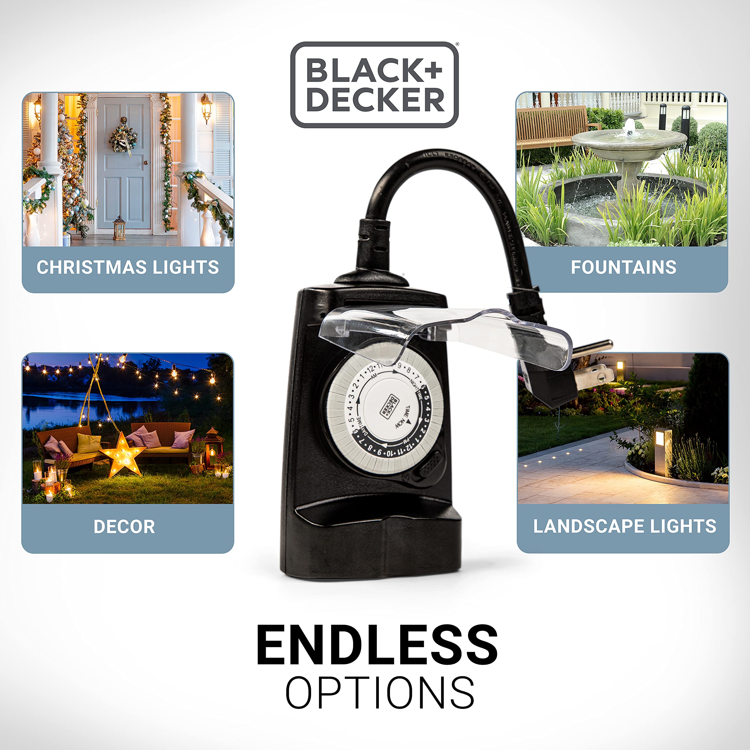 BLACK+DECKER Outdoor Timer 2 Pack - Waterproof Electrical Outlet Timer with 2 Grounded Outlets, 30-Minute Intervals for Holiday Lights & Decorations - Analog Light Timer Switch (Perfect for Christmas Decor, Landscape Lighting & Outdoor Security)