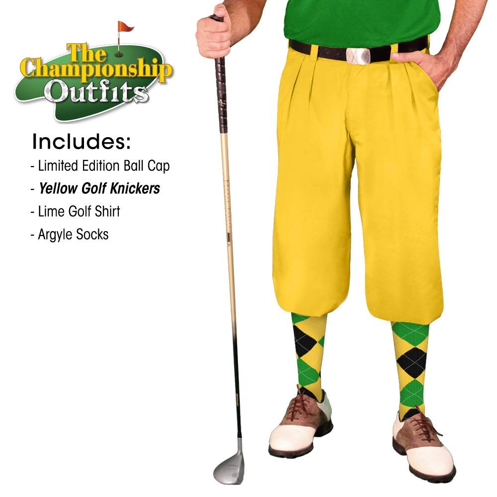 **Men's Casual Outfit Set - Yellow Microfiber Lime Golf Shirt, Limited Edition Ball Cap & Over-The-Calf Argyle Socks | Perfect for Golf, Streetwear & Everyday Fashion**