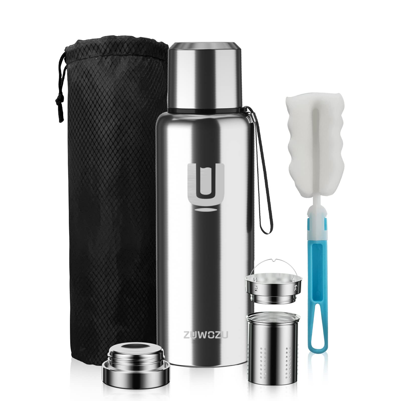 Premium 20oz Insulated Stainless Steel Water Bottle with Sleeve & Strap - Double Wall Vacuum Flask for Hot & Cold Drinks - Keeps Coffee, Tea, Water Temperature for Hours - Perfect for Hiking, Gym, Office & Outdoor Activities (Silver)