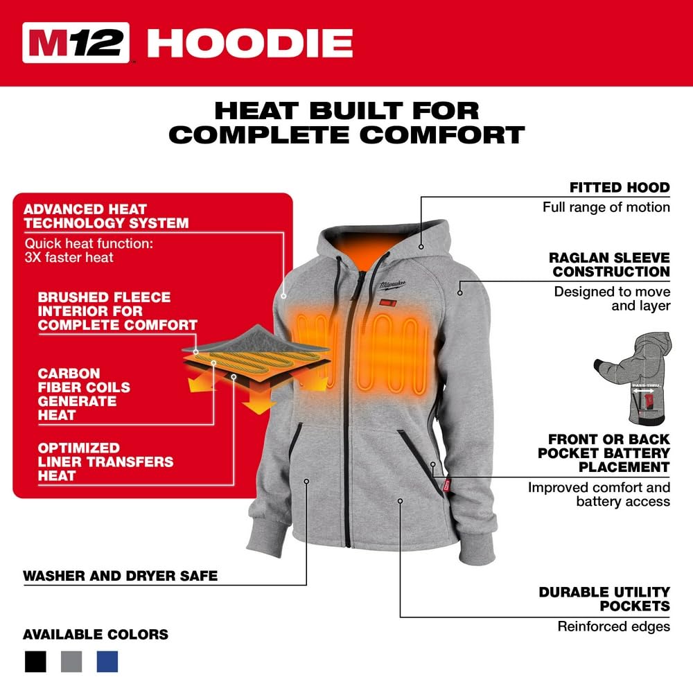 Milwaukee 336G-21L M12 Gray Heat Women's Hoodie - Warm Workwear for Construction & Outdoor Jobs