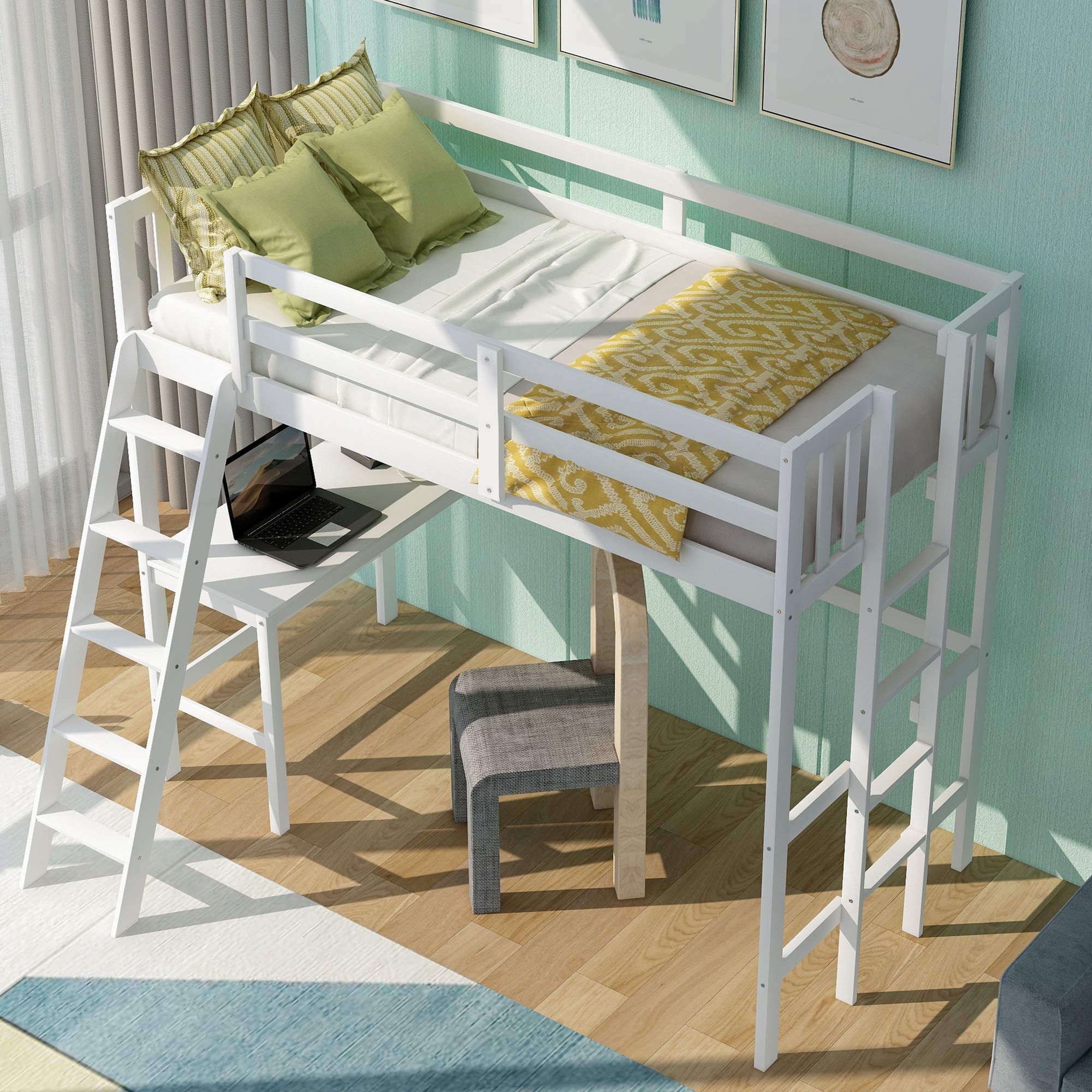 Solid Wood Twin Loft Bed with Desk & 2 Ladders - Space Saving Kids/Teens/Adults Loft Bed Frame - No Box Spring Needed (White) - Perfect for Small Bedrooms, Dorms & Studio Apartments