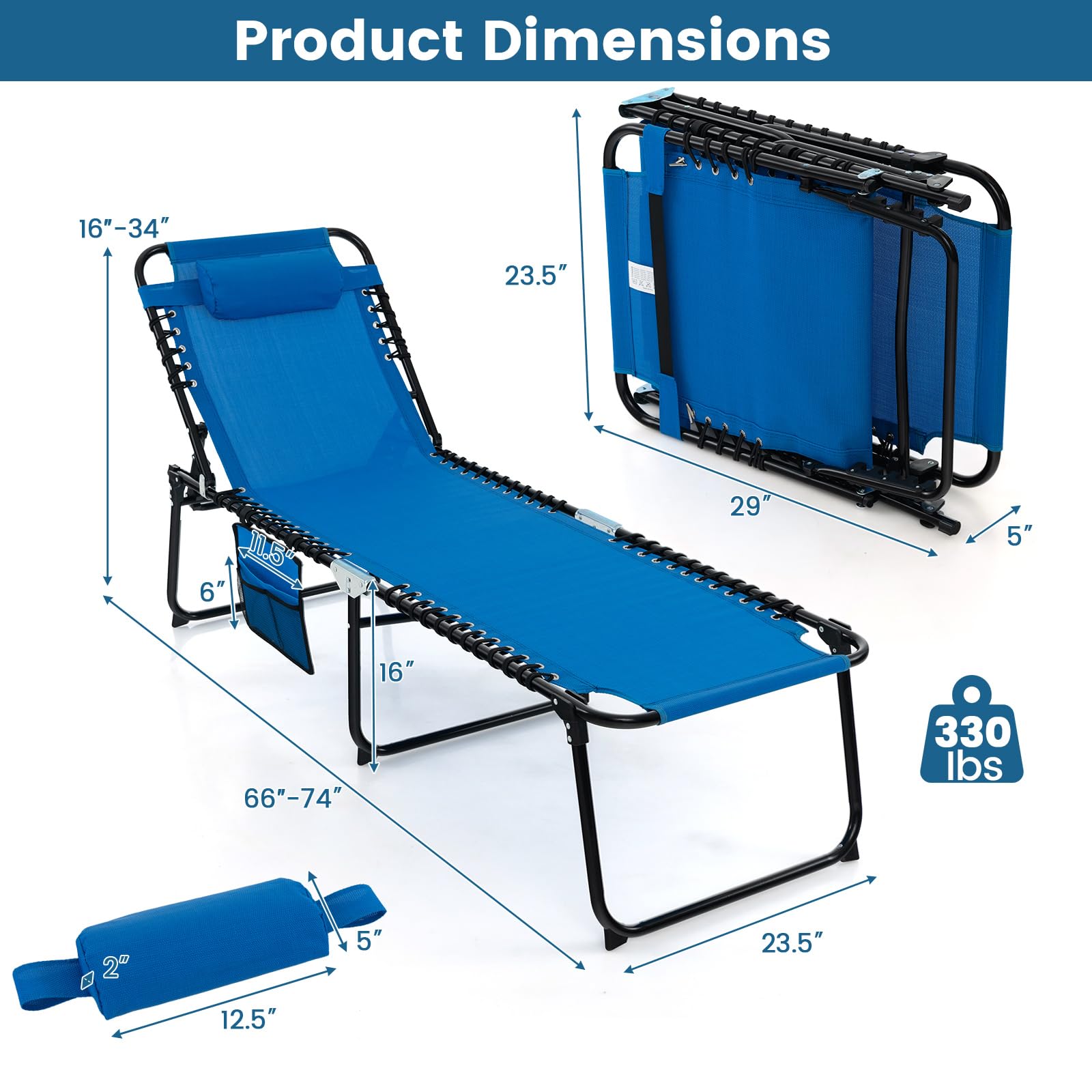 Goplus 5-Position Adjustable Chaise Lounge Chair with Detachable Pillow & Side Pocket - Outdoor Folding Beach Chair for Tanning, Patio, Lawn, Pool & Yard - Perfect for Sunbathing, Relaxing by the Pool or Backyard Lounging