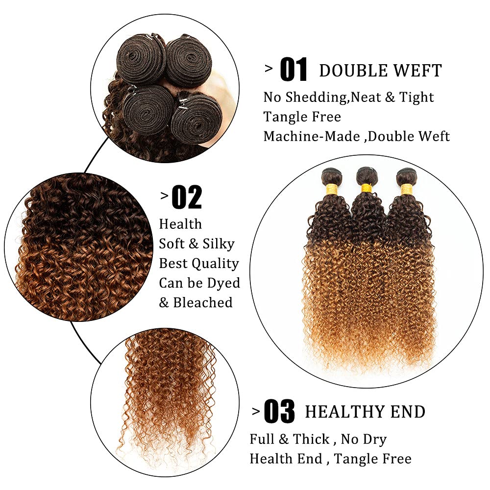 Brazilian Virgin Human Hair Bundles with 4x4 Lace Closure - 3 Bundles T4/30 Ombre Kinky Curly Weave (20 22 24+18 Inch) - Perfect for Natural Hairstyles, Parties & Daily Wear