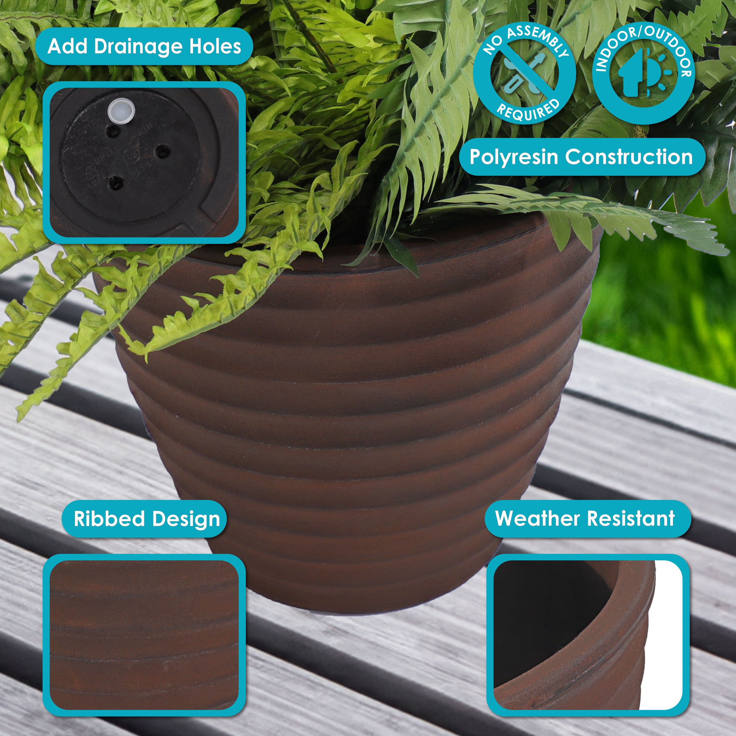 Sunnydaze Polyresin Ribbed Outdoor Plant Pot - Rust-Resistant Garden Decor for Patio, Deck & Balcony | Perfect for Succulents, Herbs & Flowers