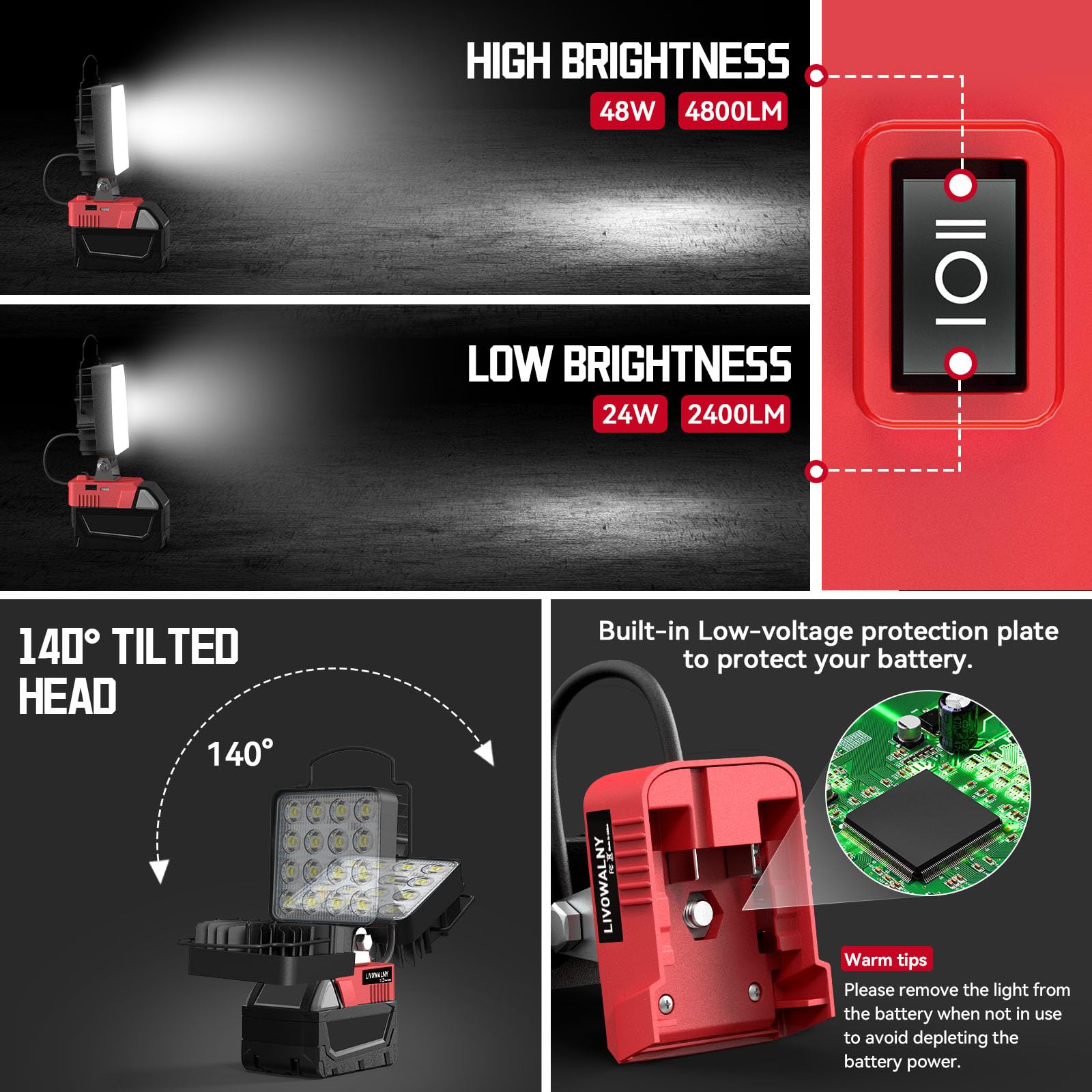 Milwaukee M18 LED Work Light - 18V Cordless Rechargeable Flashlight with USB Charger, 48W Bright Light for Construction, Automotive Repair & Outdoor Camping (Battery Not Included)