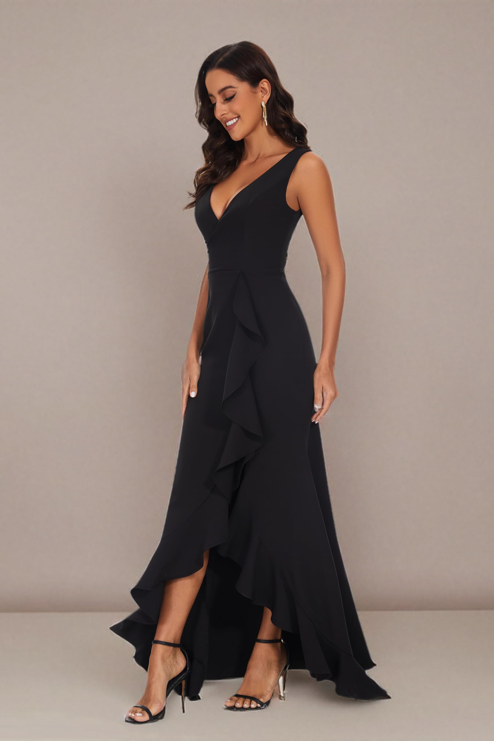 Elegant Long Black Formal Dress for Women - Plunging V-Neck Sleeveless Ruffle Maxi Dress for Wedding Guest & Bridesmaid | Perfect for Cocktail Parties, Evening Events & Special Occasions