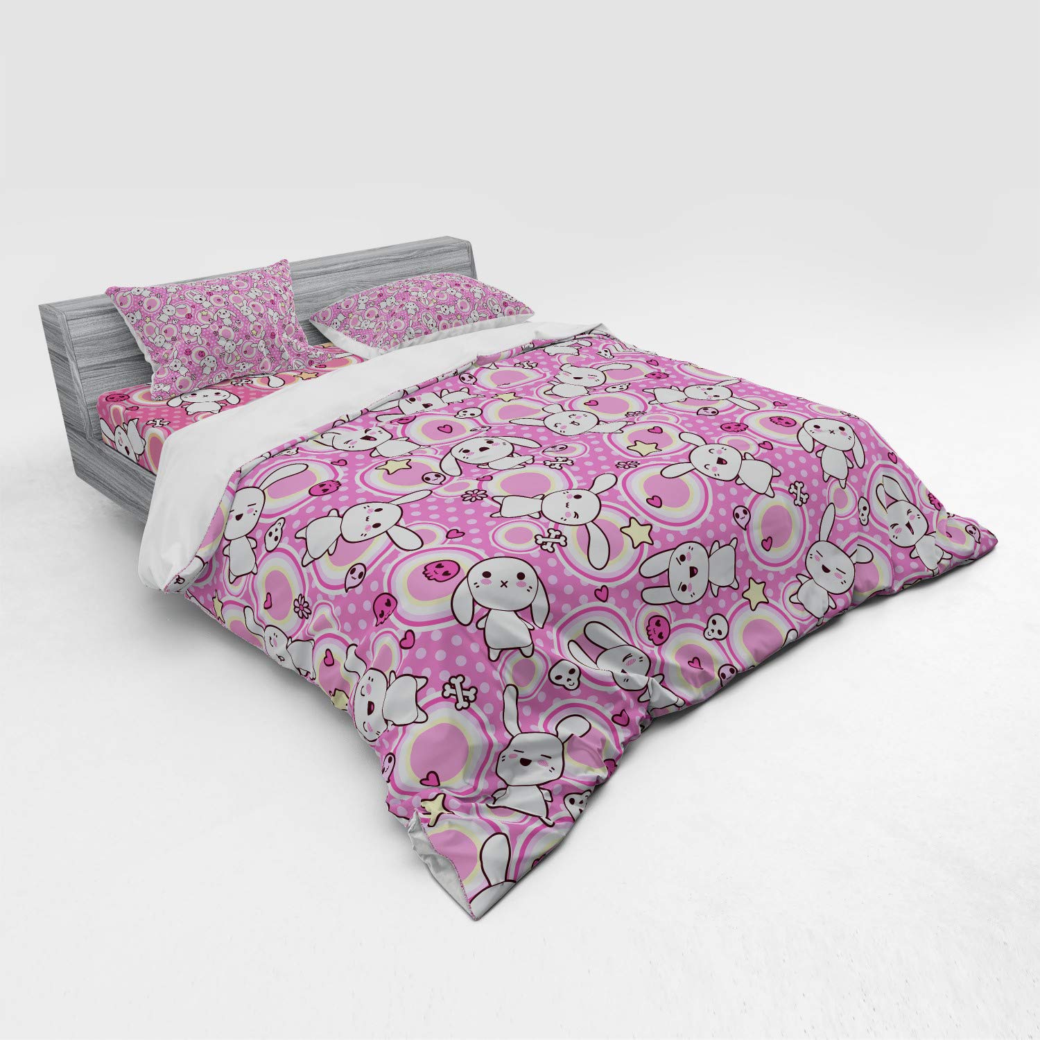 Ambesonne Anime Duvet Cover Set - Kawaii Rabbit Illustration with Funky Animal Print | 3-Piece King Size Bedding Set (Duvet Cover + 2 Pillow Shams) in White & Pink | Perfect for Anime Lovers' Bedroom Decor & Gift for Kawaii Fans