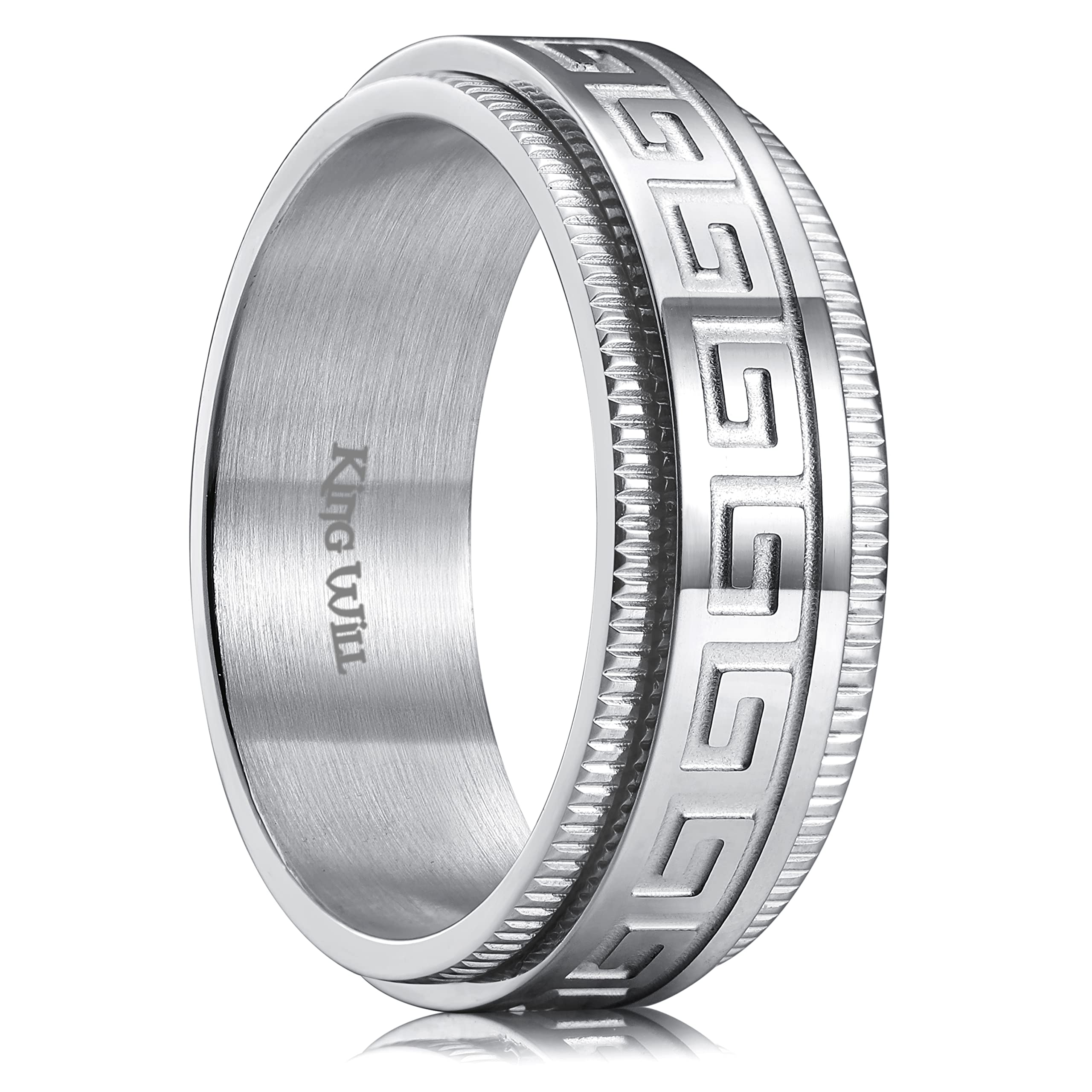 King Will 8mm Stainless Steel Fidget Spinner Ring for Men - Black/Silver Brushed Finish with Greek Key, Viking, Roman Numerals & Hammered Patterns - Anxiety Relief Ring for Stress, Focus & ADHD - Perfect for Office, Travel & Meditation