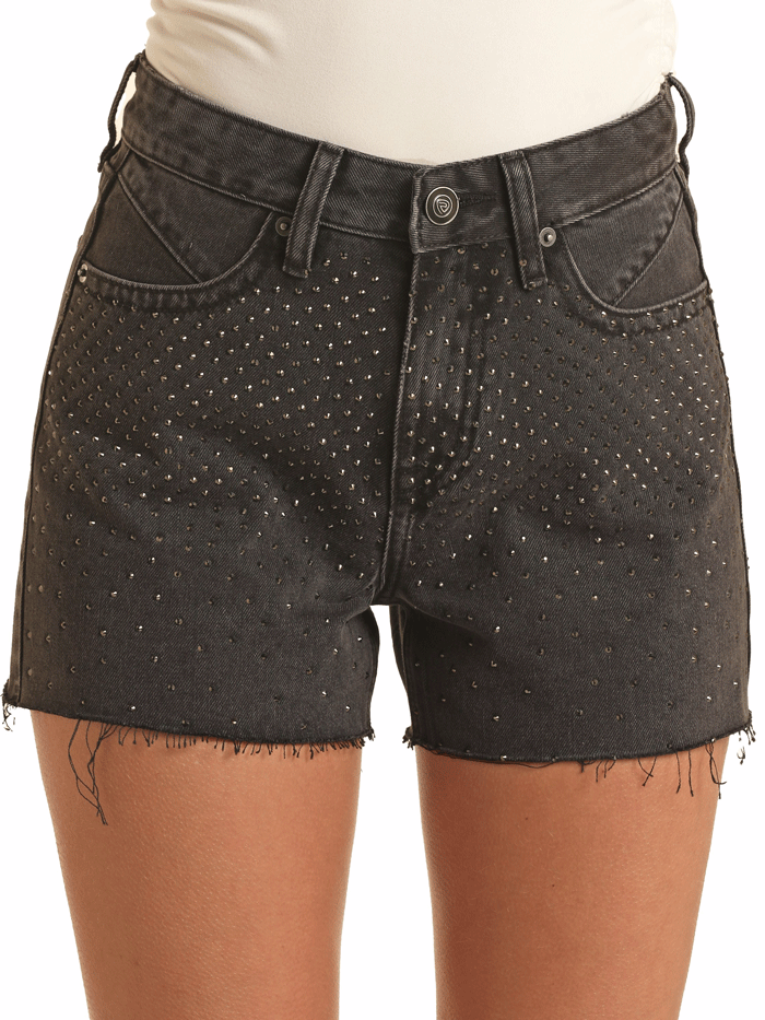 Rock & Roll Denim BW68D03553 Women's Studded Shorts Black - Stylish Distressed Denim Shorts for Concerts, Parties & Casual Wear