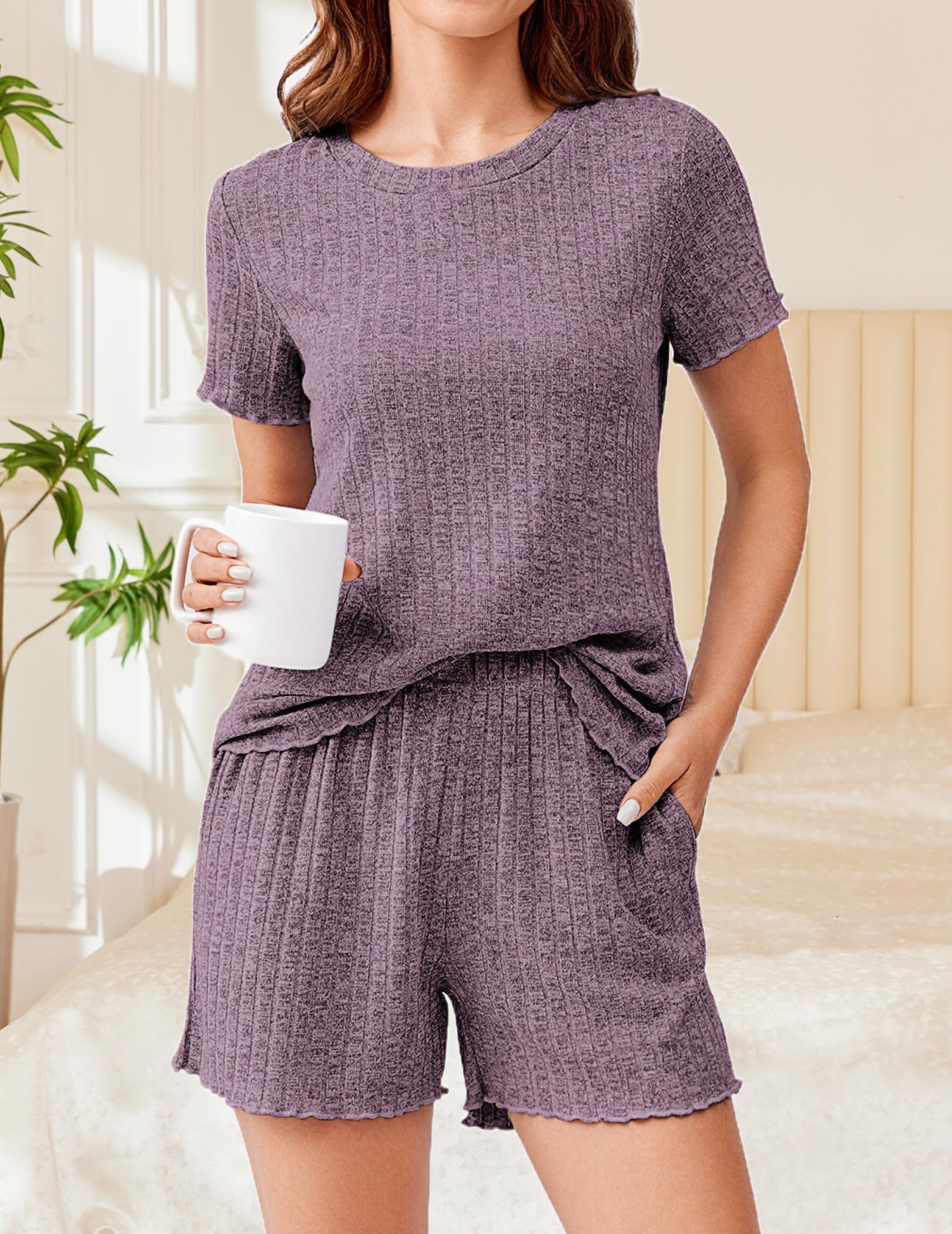 Ekouaer Women's Ribbed Knit Pajama Set - Soft Short Sleeve Sleepwear with Pockets | Cozy Lounge Outfit for Home, Sleep & Relaxation | Breathable Comfort Pjs for Nightwear & Casual Wear