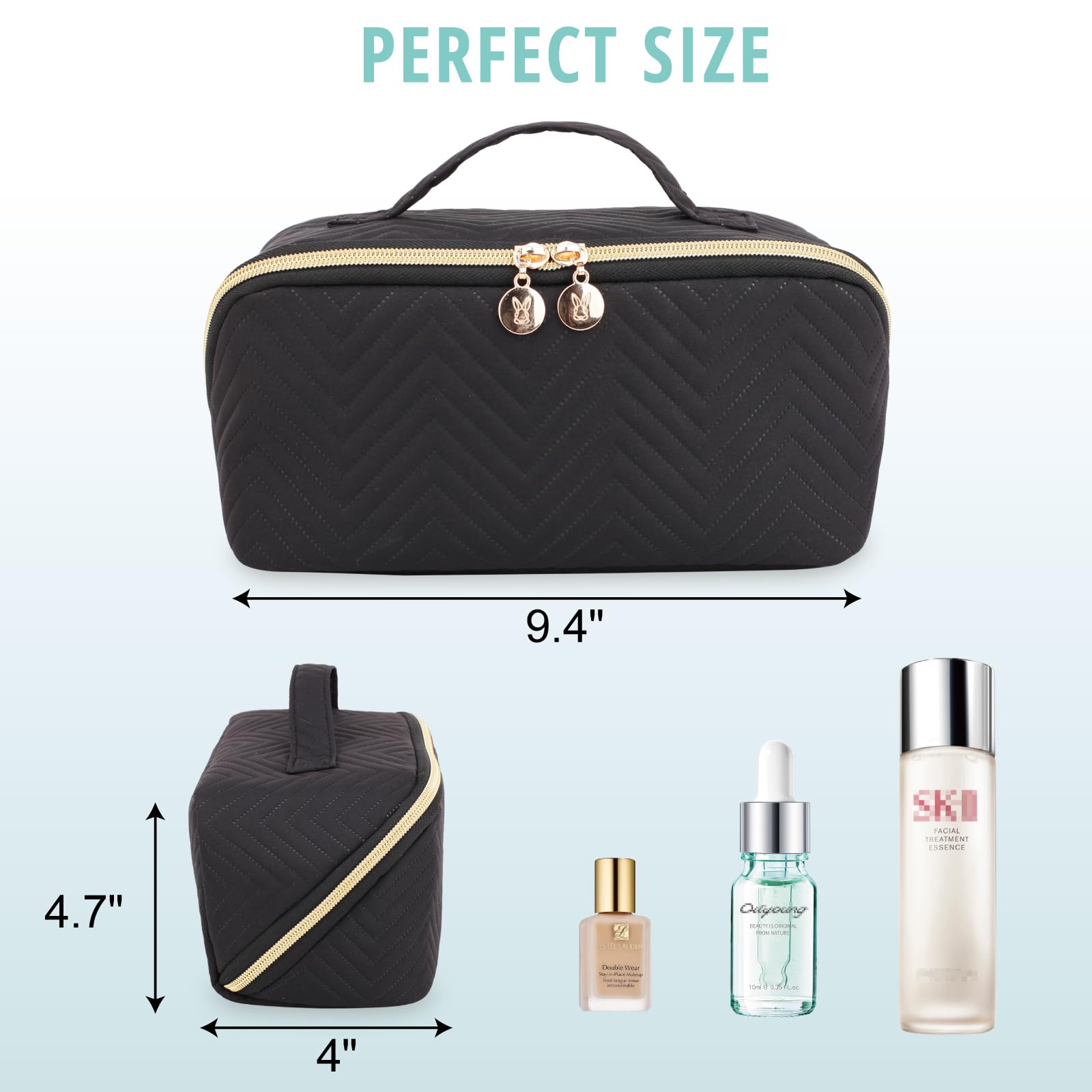 Large Water-Resistant Makeup Bag for Women - Travel Cosmetic Organizer with Portable Pouch, Handle & Dividers (Black) | Perfect for Vacation, Gym & Daily Essentials Storage