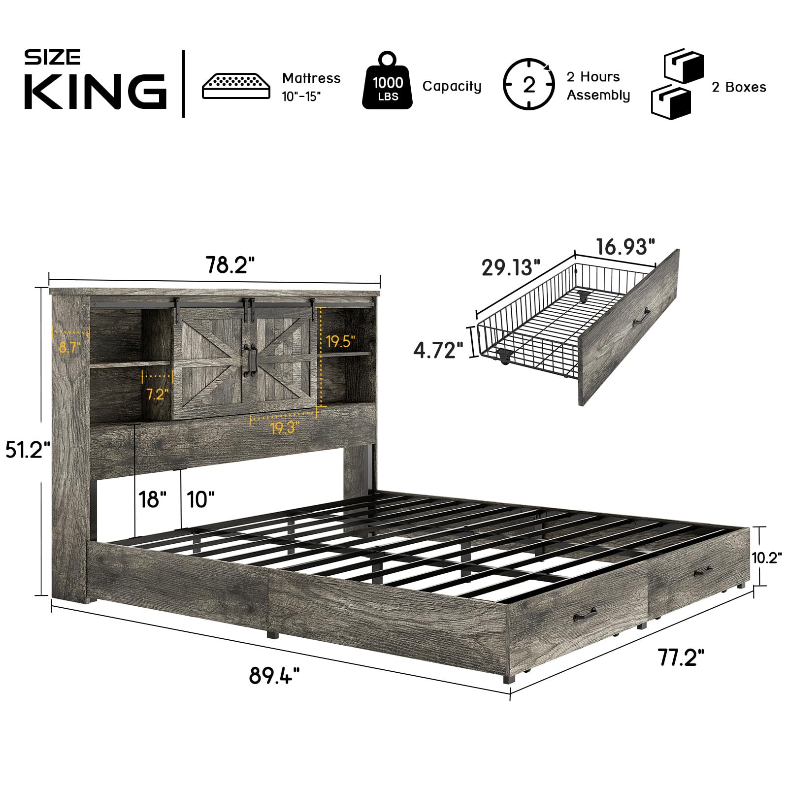 King Size Wood Platform Bed Frame with 51.2