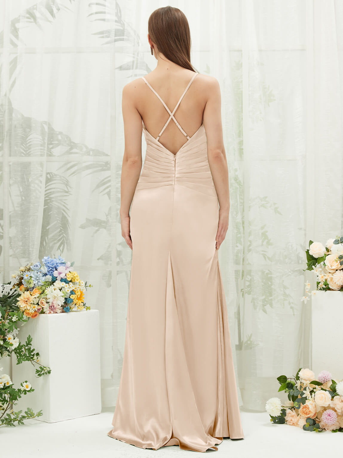 Elegant Champagne Satin Cowl Neck Backless Long Bridesmaid Dress with Adjustable Straps - Perfect for Weddings, Formal Events & Evening Parties