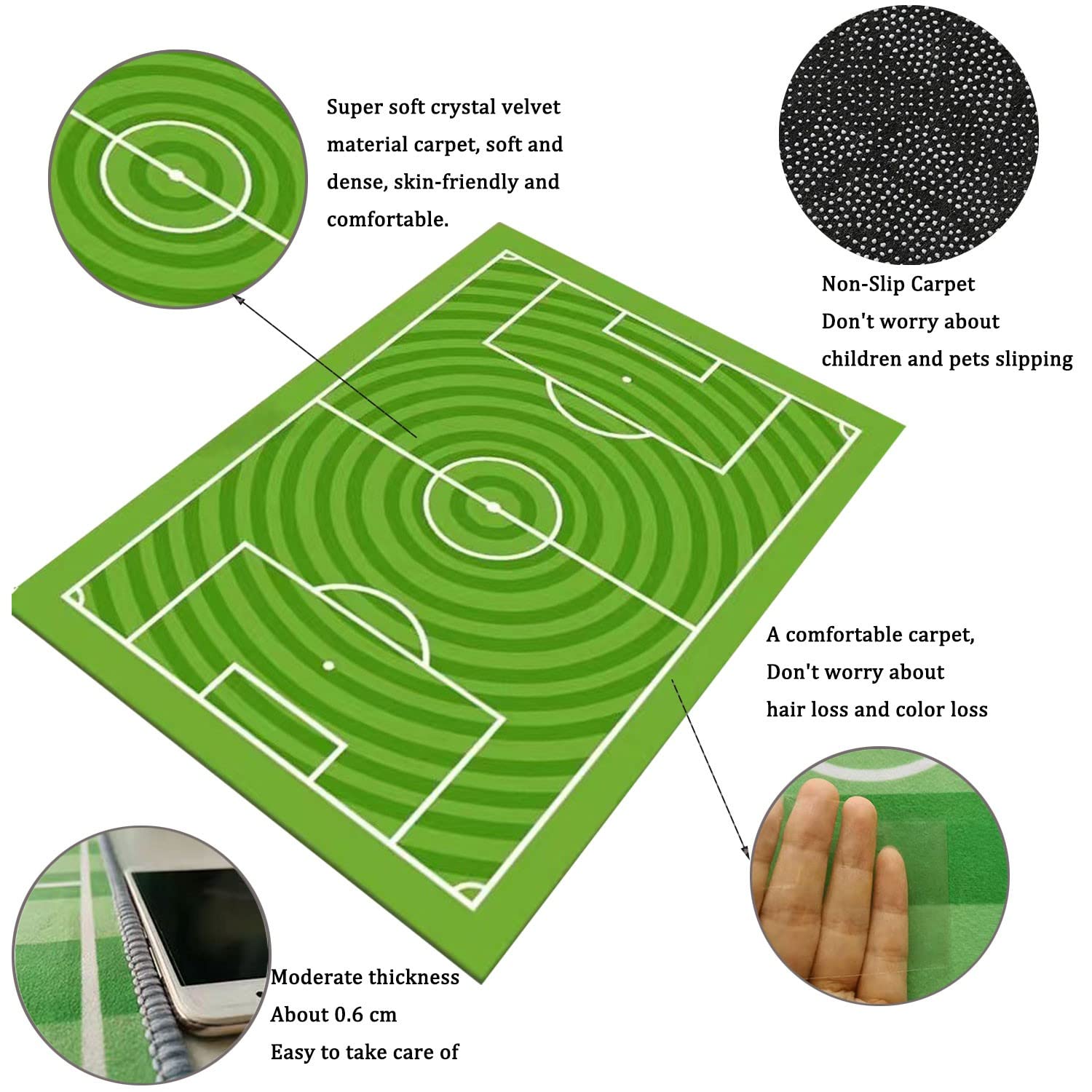 5x8 Kids Soccer Football Field Rug - Non-Slip Playmat for Boys & Girls Bedroom, Sports Room & Living Room - Green Sports Themed Area Carpet for Children's Play Area & Game Room Decor