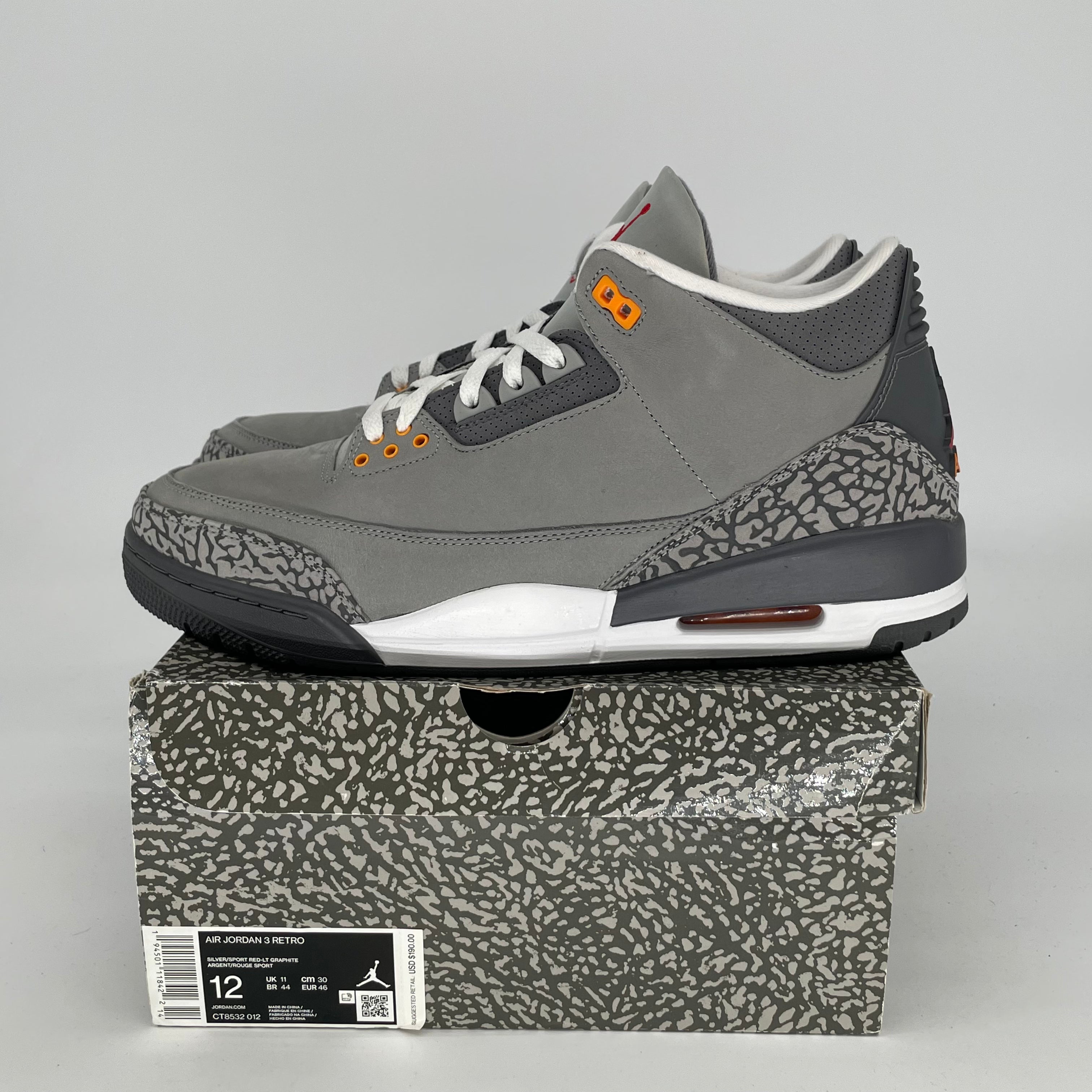 AIR JORDAN 3 Retro Cool Grey Men's Basketball Shoes Size 12 (CT8532-012) - Perfect for Streetwear, Sneaker Collecting & Casual Wear