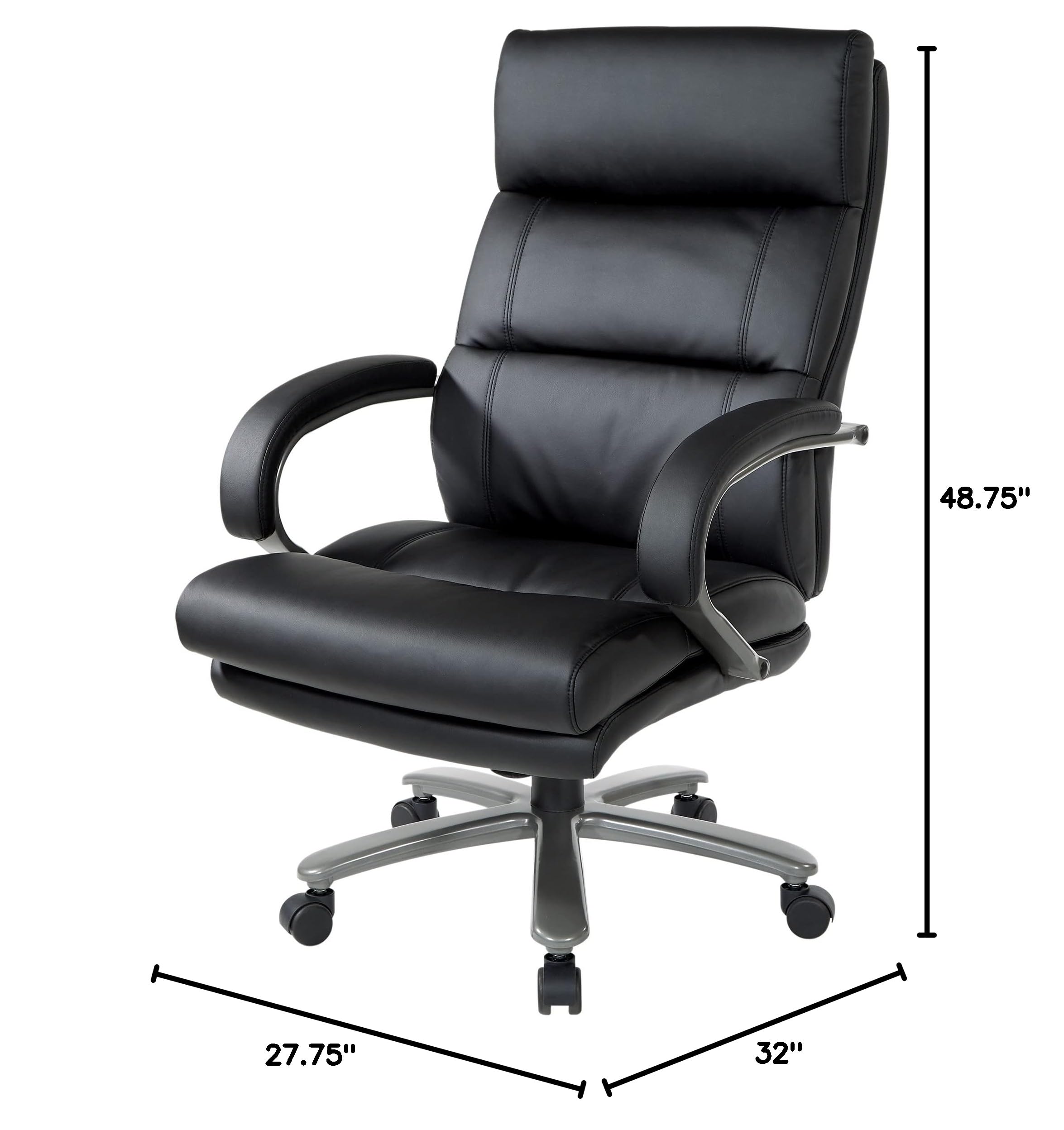 Office Star ECH Series Big and Tall Executive Chair - Bonded Leather High Back with Lumbar Support, Padded Loop Arms & Titanium Base (Black) - Perfect for Home Office, Conference Rooms & Corporate Workspaces