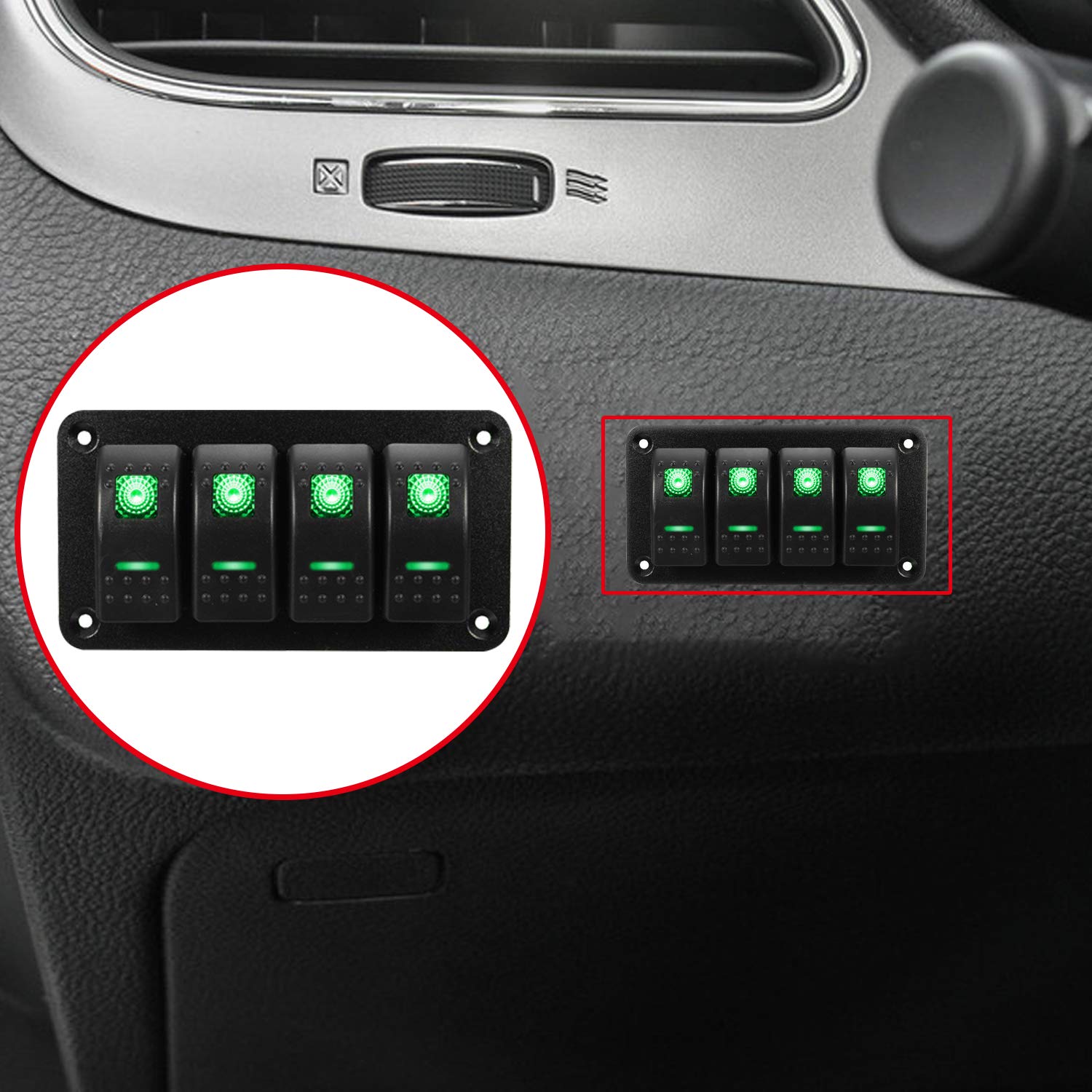 4 Gang Green Rocker Switch Panel - 12V Waterproof On/Off Toggle Switch for Trucks, Marine Boats, RVs & Cars - Perfect for Light Bars, Off-Road Vehicles & Custom Electrical Systems