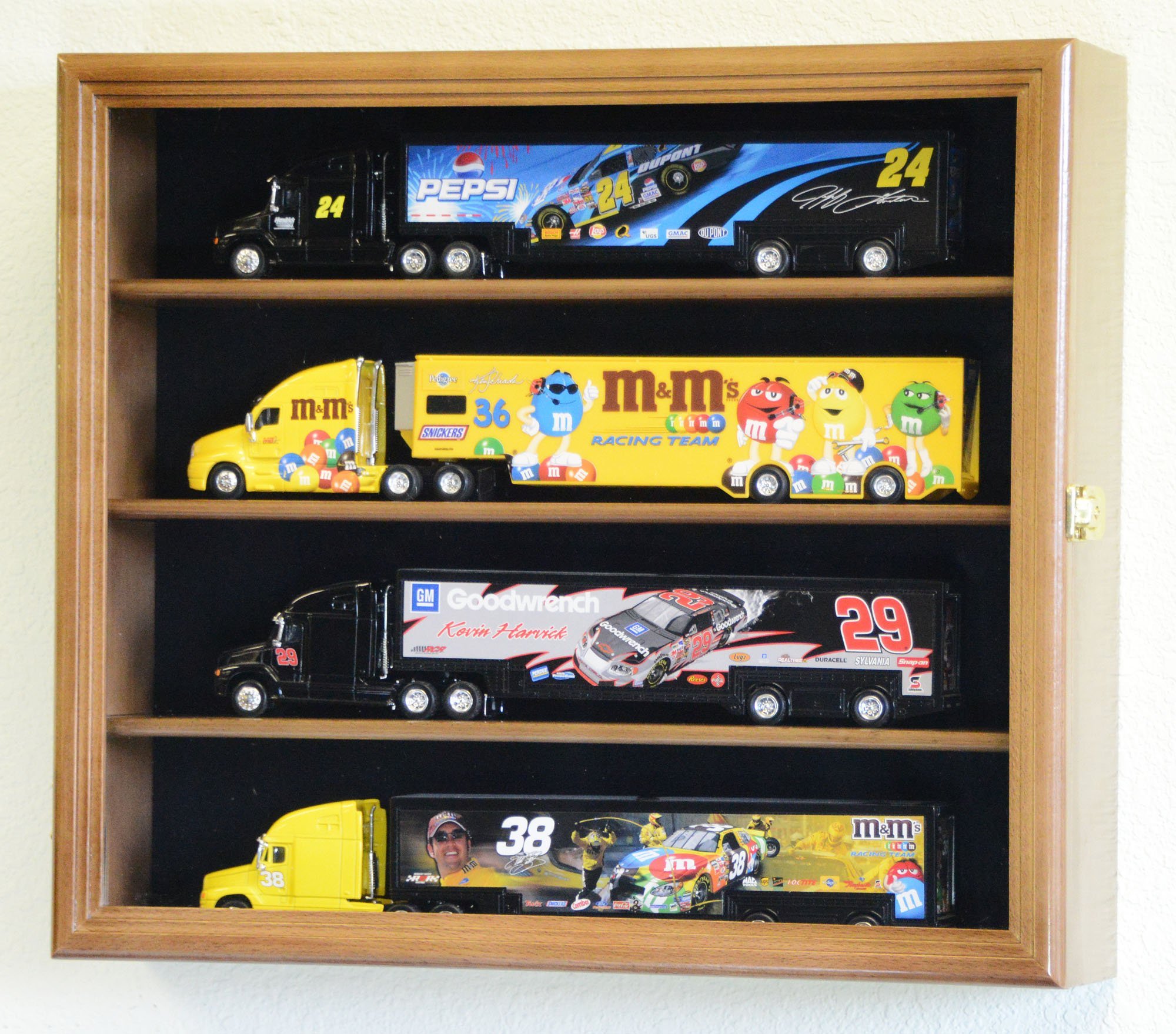 1:64 Scale Hot Wheels Semi Big Rig Trailer Truck Display Case Cabinet - Holds 4 Diecast Cars - Walnut Finish for Collectors & Enthusiasts - Perfect for Home, Office, or Toy Store Showcase
