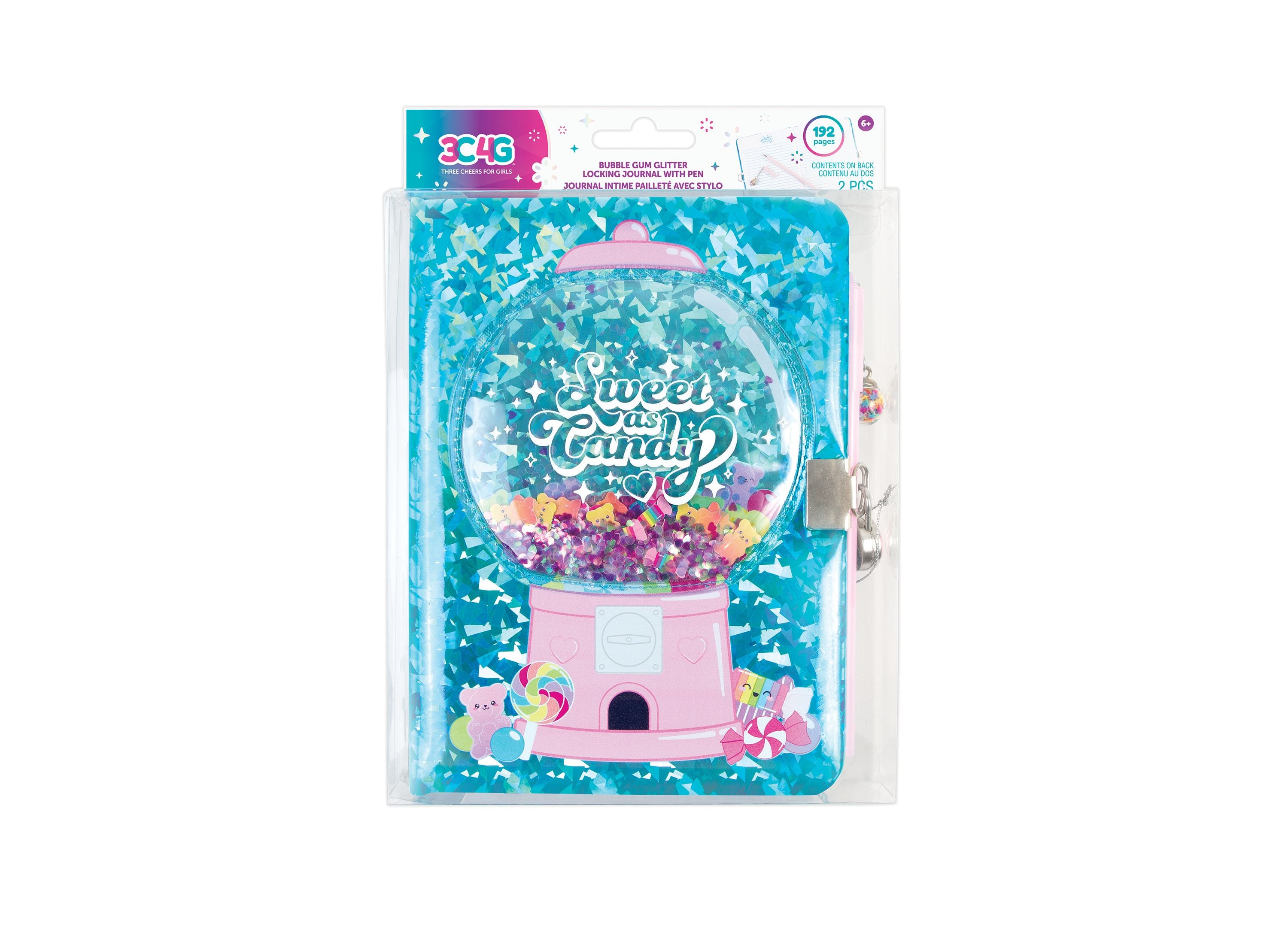 3C4G Bubble Gum Glitter Locking Diary with Pen - Pink | Cute Secret Journal for Girls, Teens & Women | Perfect for School, Travel & Personal Thoughts