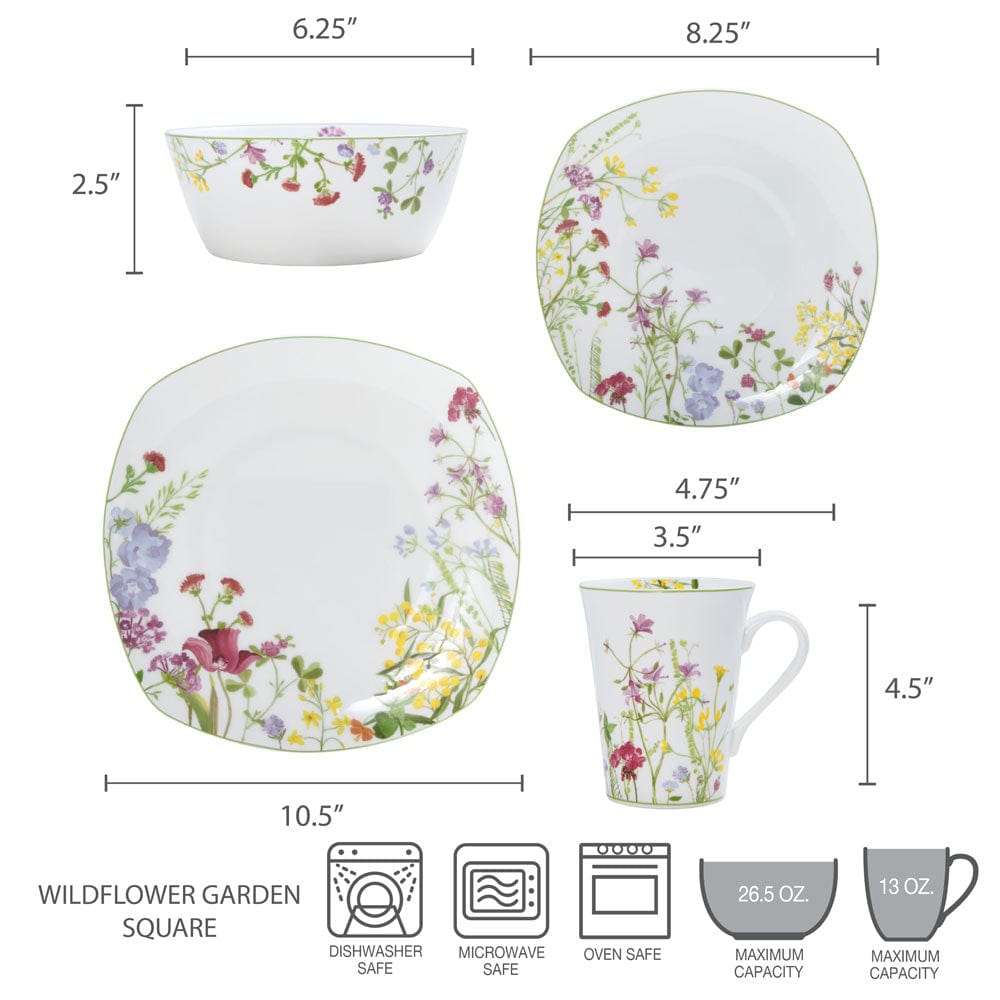 16-Piece Wildflower Garden Square Dinnerware Set - Service for 4, Floral Printed Stoneware Plates & Bowls - Perfect for Spring Brunch, Outdoor Picnics & Farmhouse Dining