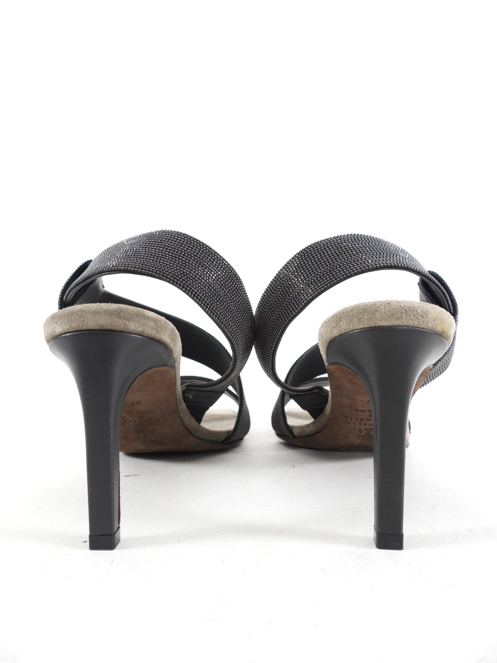 Brunello Cucinelli Grey Monili Bead Heel Sandals for Women - Elegant Beaded Summer Dress Sandals for Weddings & Evening Events