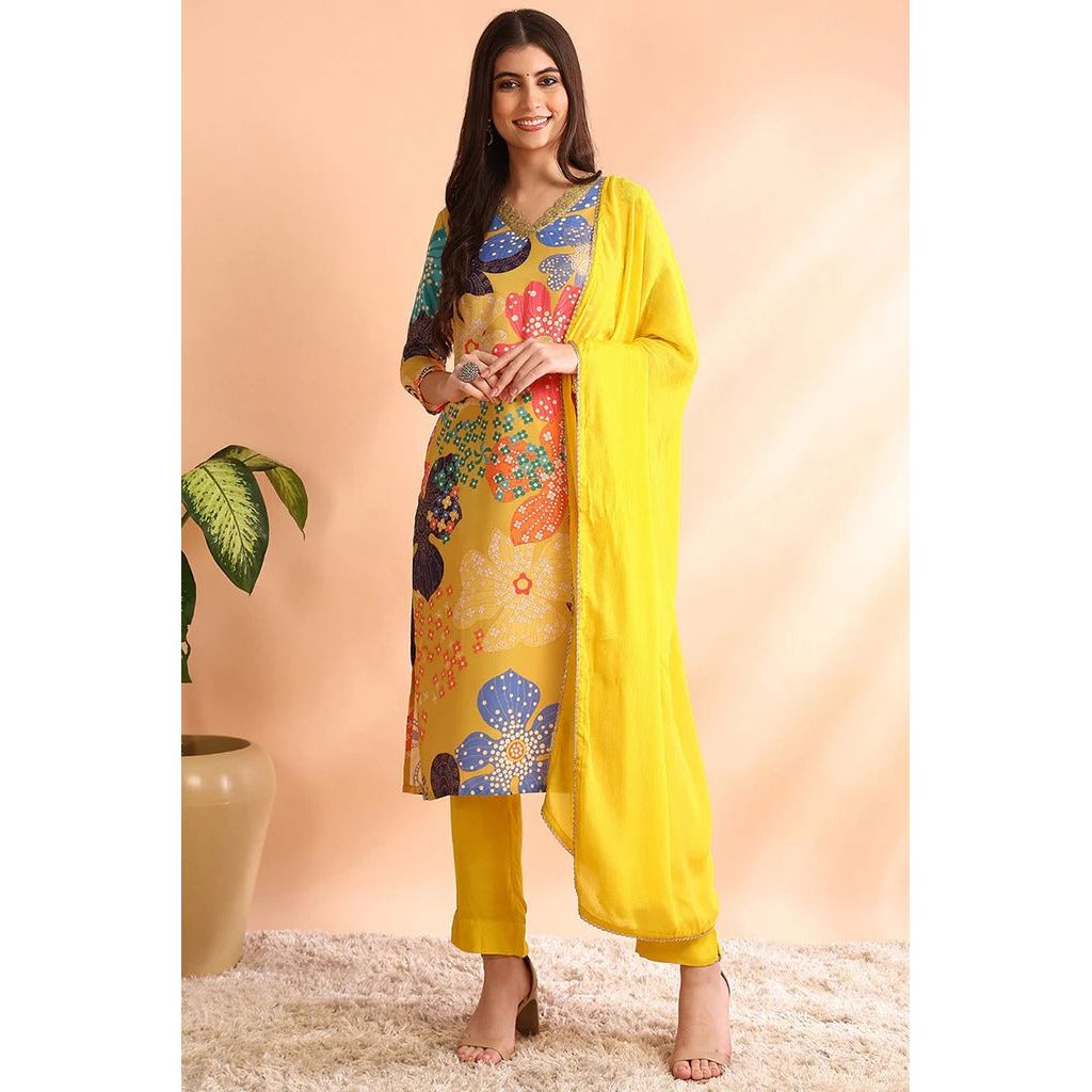 Stylish Yellow Floral Printed Cotton Blend Straight Suit Set for Women | Office Wear & Casual Outfits | Perfect for Work, Parties & Daily Fashion