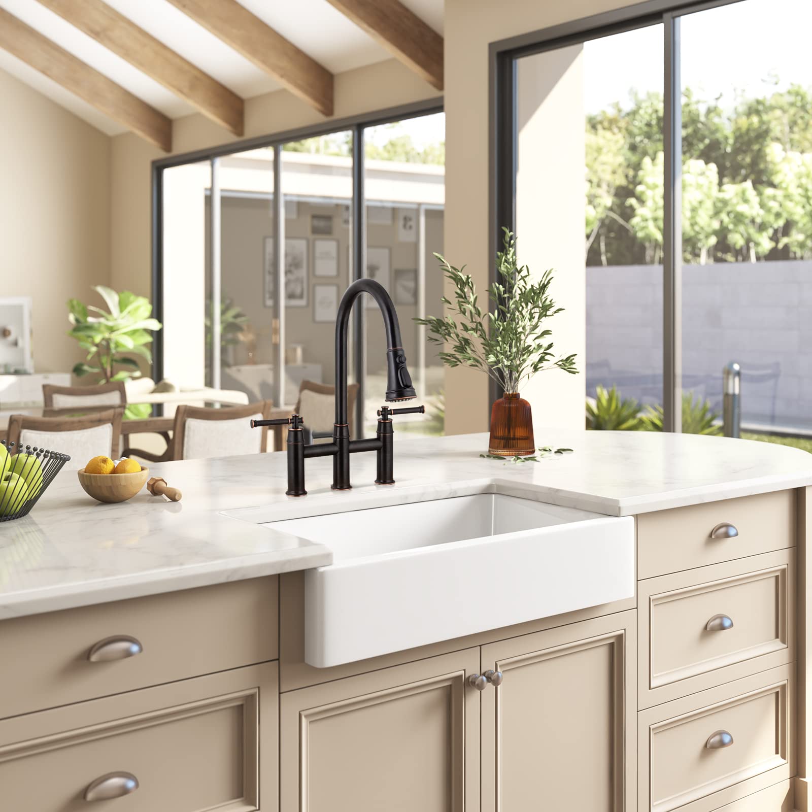 Oil Rubbed Bronze Bridge Kitchen Faucet with Pull Down Sprayer - Oakland Brass 2 Handle 3 Hole Spot-Resistant Lead-Free Faucet (Model KSK8239-ORB) - Perfect for Modern Farmhouse & Industrial Style Kitchens