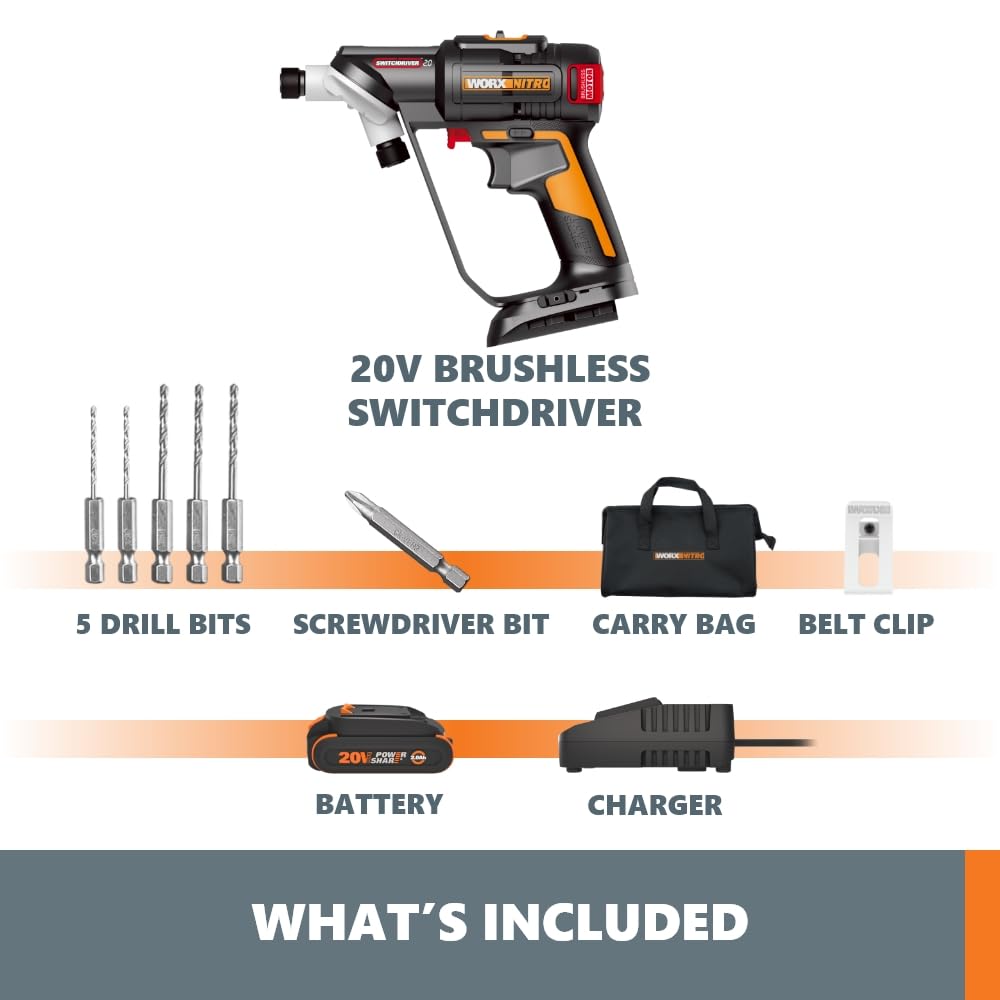 Worx Nitro 20V SwitchDriver 2.0 Brushless Cordless Drill Driver - 2-in-1 Rotating Dual 1/4