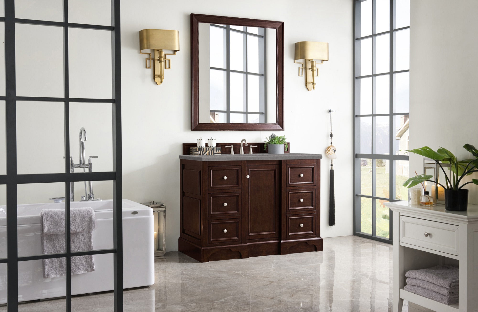 De Soto 48 Inch Single Bathroom Vanity with Burnished Mahogany Base & 3CM Grey Expo Quartz Top - Modern Bathroom Storage Solution for Small Spaces
