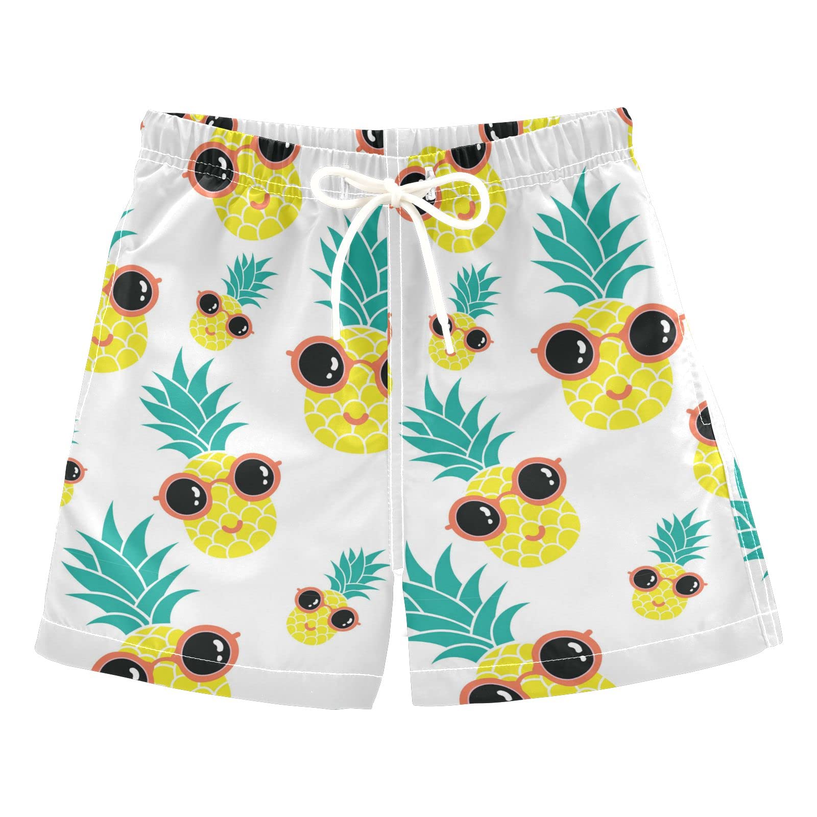 Wusikd Boys Swim Trunks - Pineapple Print Summer Swim Shorts with Drawstring for Toddlers (2T) | White Bathing Suit for Beach, Pool & Vacation