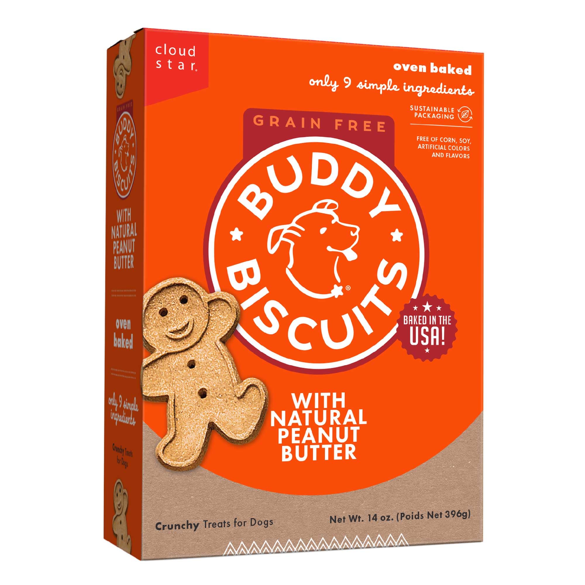 Cloud Star Grain Free Oven Baked Buddy Biscuits Dog Treats - Homestyle Peanut Butter Flavor, 14oz (Pack of 12) | Healthy Natural Snacks for Small & Large Dogs | Perfect for Training Rewards & Daily Treats