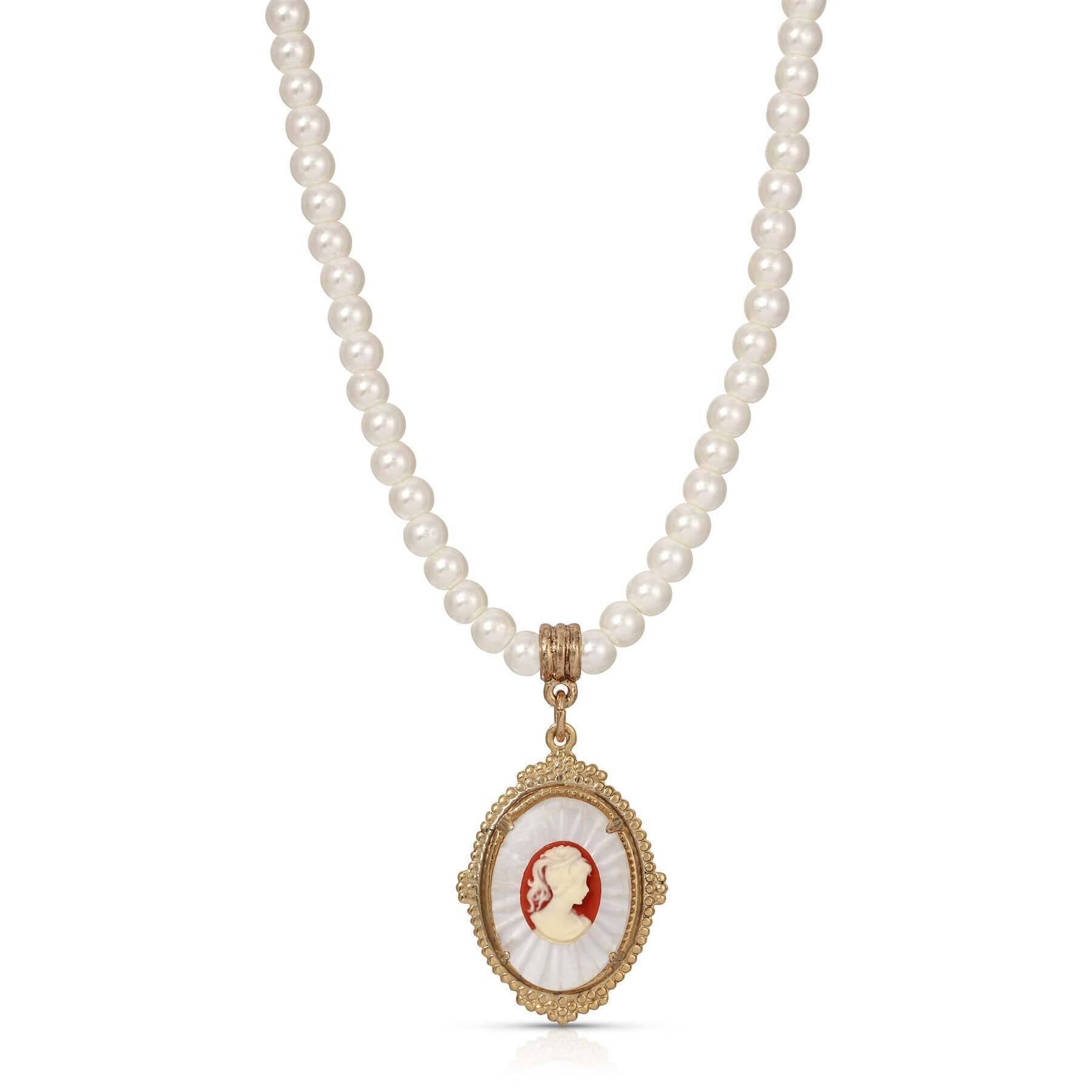 1928 Jewelry 4mm Faux Pearl Necklace with Frosted Lalique Glass Cameo Pendant - 16