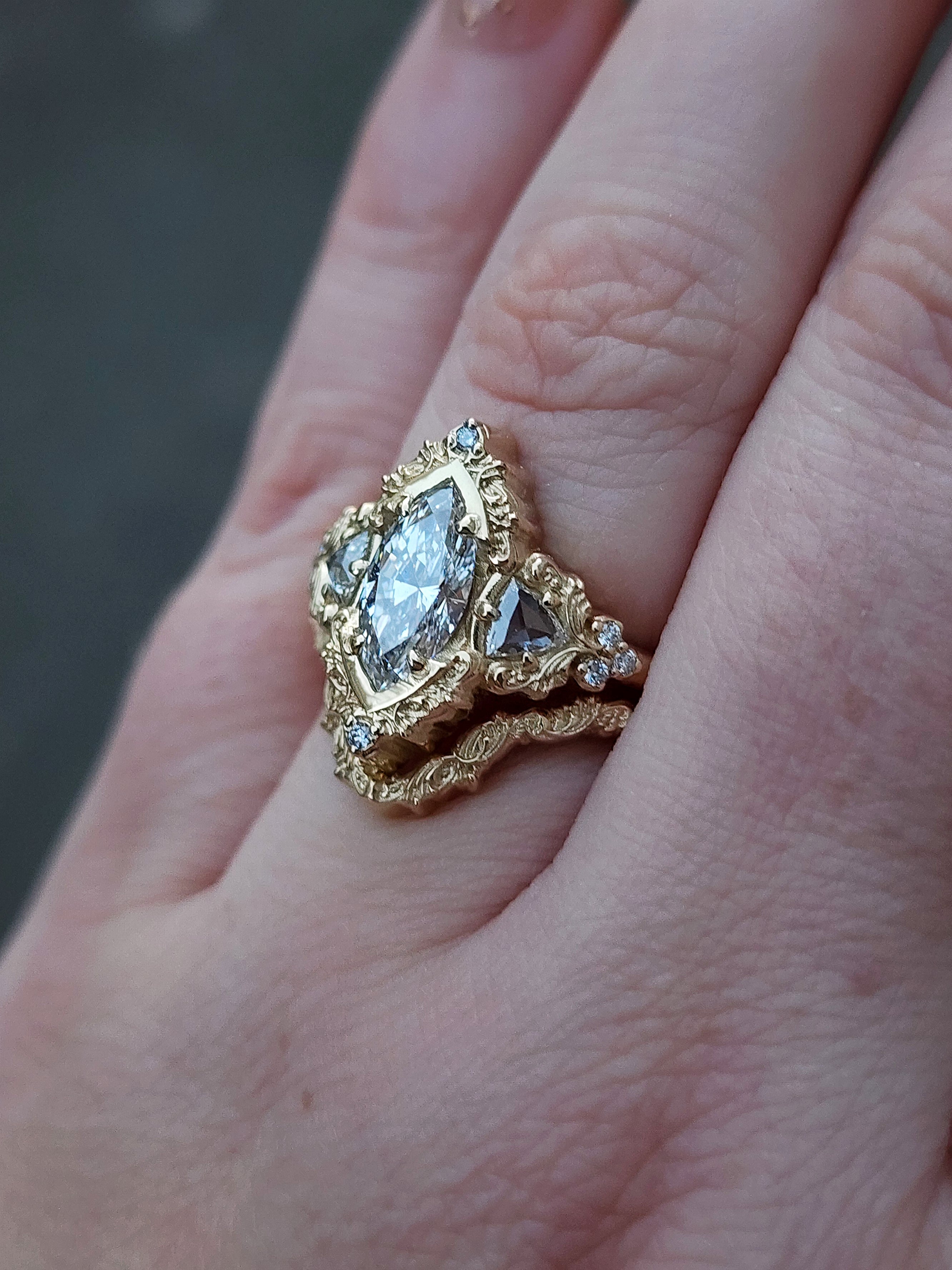 Delilah Engagement Ring Set with Trillion Side Stones & Matching Wedding Band - Solitaire Setting - Perfect for Proposals, Anniversaries & Bridal Jewelry