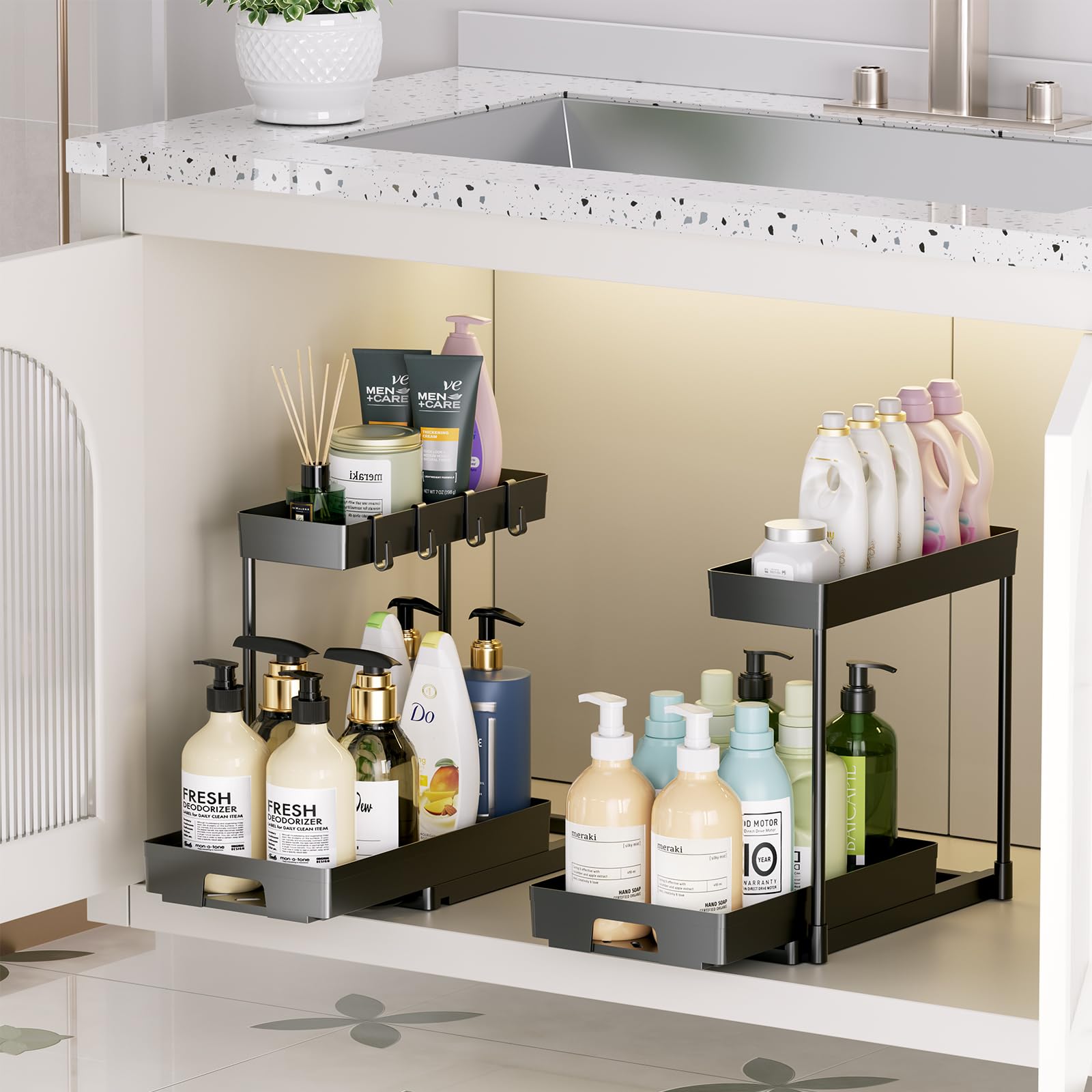 Delamu 2 Pack Under Sink Organizer Set - 2 Tier Pull Out Cabinet Organizer for Bathroom & Kitchen, L-Shaped Black Sink Storage with Drawer - Perfect for Organizing Cleaning Supplies, Toiletries & Kitchen Essentials Under Sink
