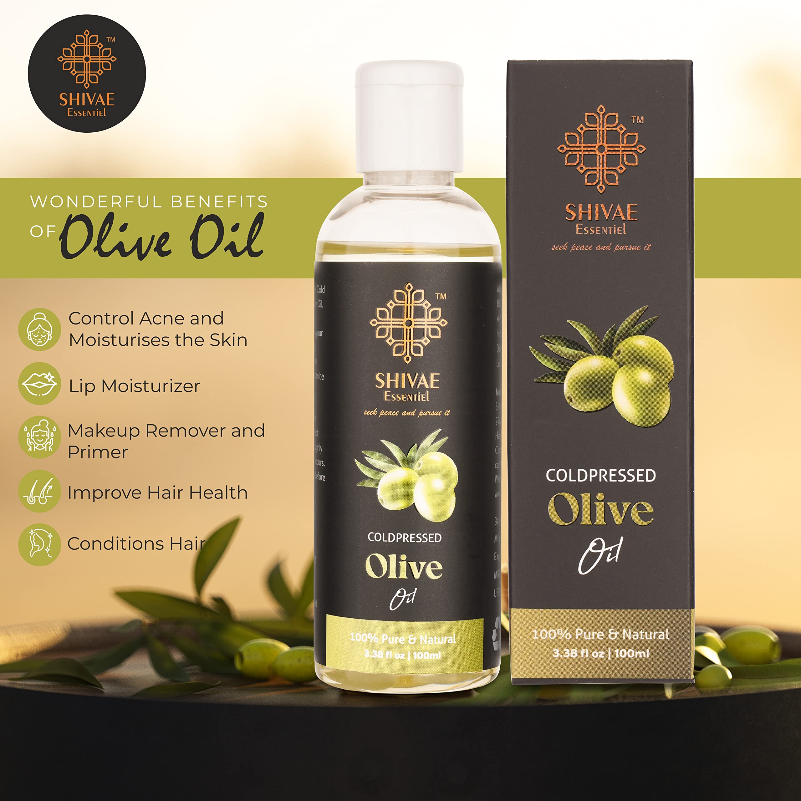 SHIVAE Essentiel Cold Pressed Olive Oil for Skin & Hair (100 ML) - 100% Natural & Pure, FDA Approved, with Glass Dropper - Deep Moisturizing, Calming Scent - Perfect for Dry Skin, Hair Care, Massage & Aromatherapy at Home or Spa