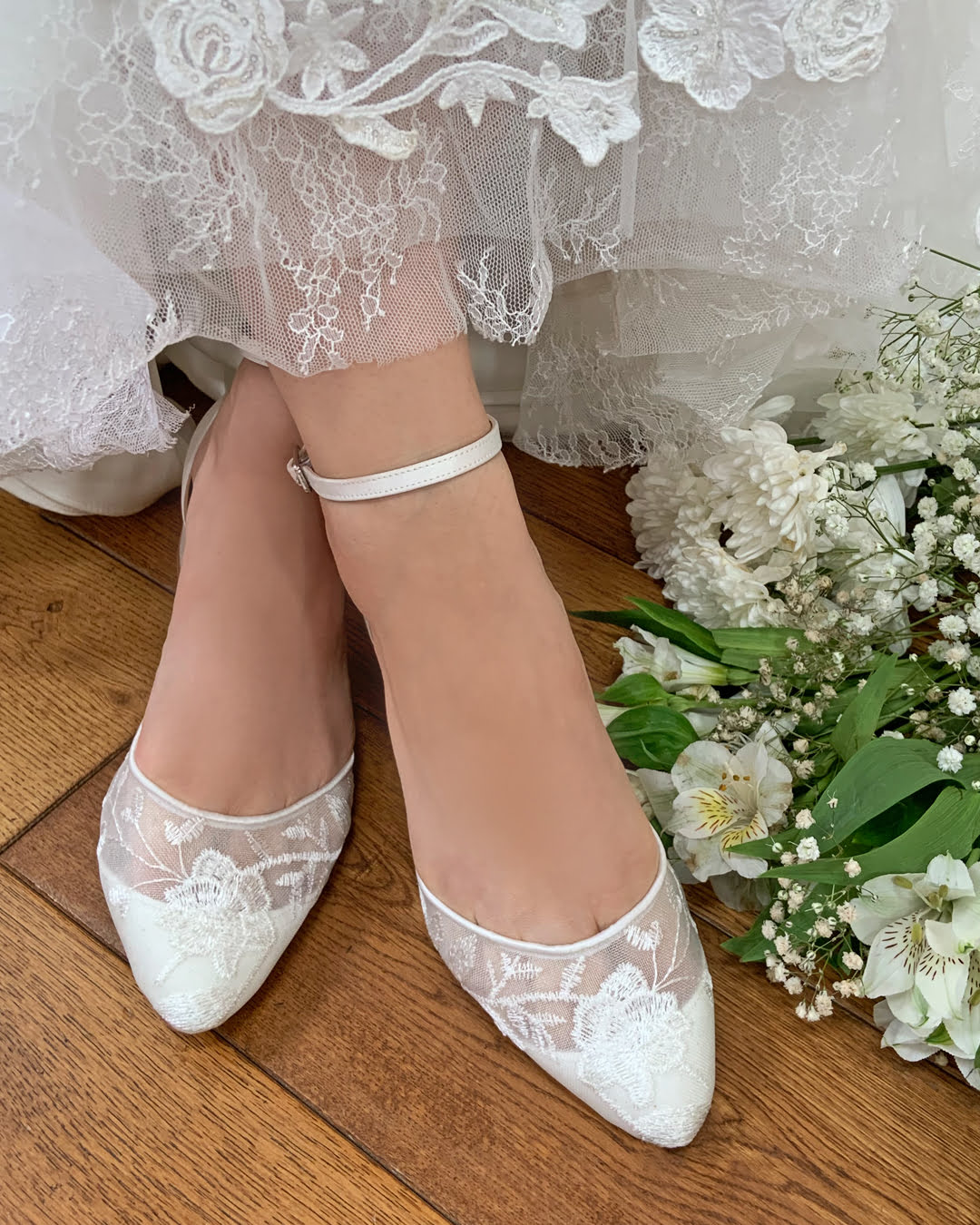 Ivory Satin and Lace Bridal Shoes with Low Block Heel - Comfortable Wedding Shoes for Bride by Perfect Bridal London | Perfect for Church Ceremony, Outdoor Wedding & Reception