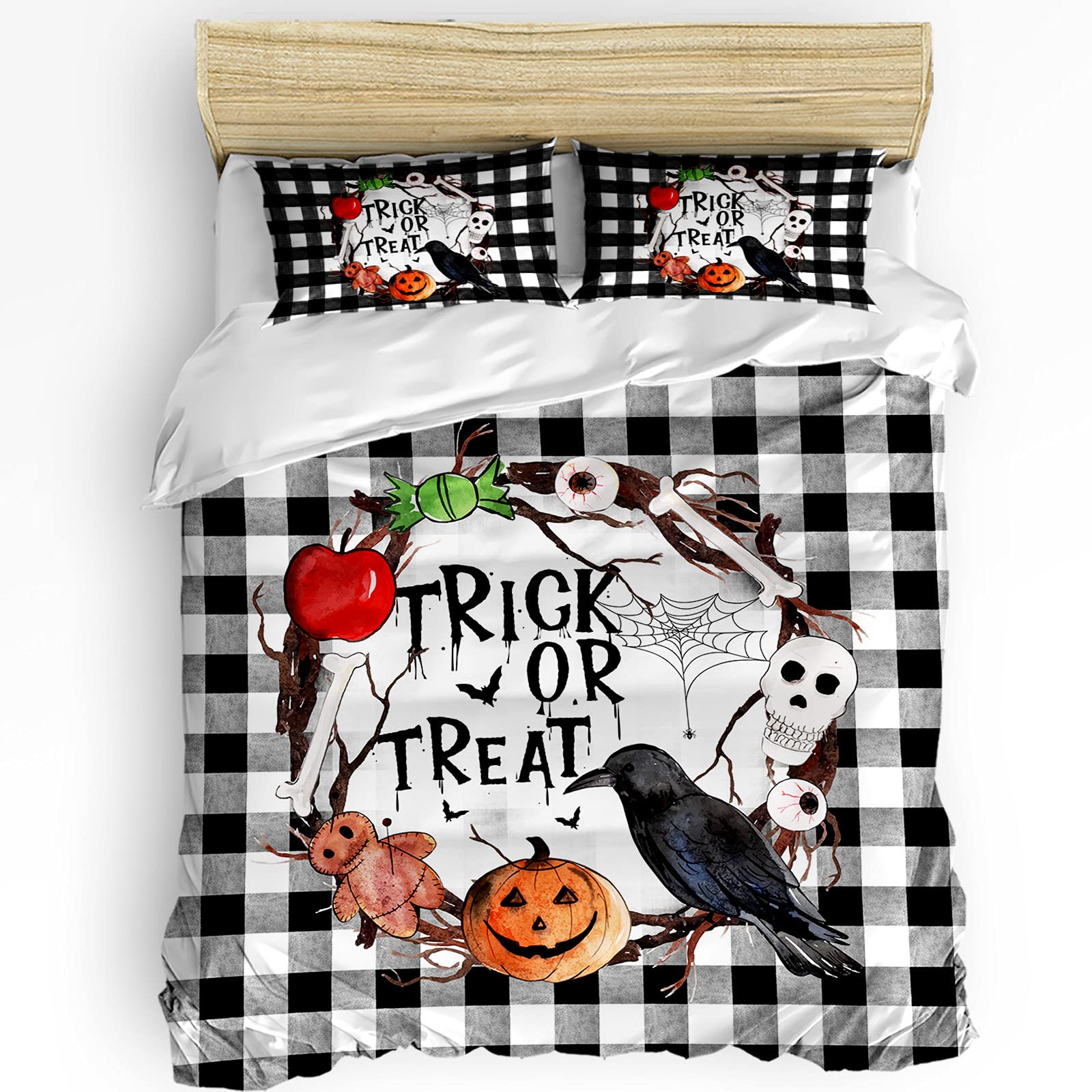 Soft 3-Piece Washed Duvet Cover Set Full Size - Halloween Pumpkin Crow Buffalo Plaid Bedding Collection for Kids & Adults (1 Duvet Cover + 2 Pillow Shams) - Perfect for Spooky Bedroom Decor & Seasonal Home Styling